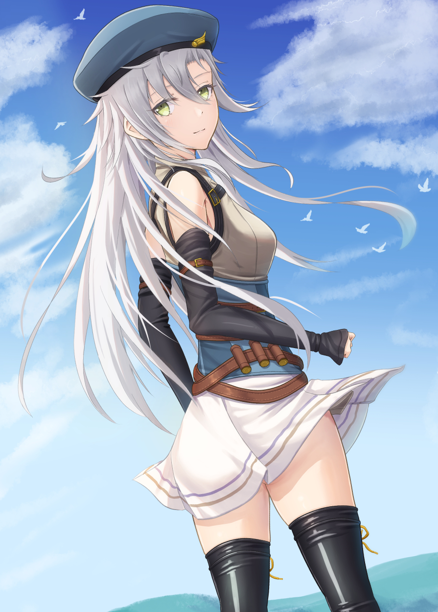 1girl beret bird blue_sky boots breasts clothes_lift clouds detached_sleeves eiyuu_densetsu fie_claussell floating_hair green_eyes hair_between_eyes hat highres kuro_no_kiseki long_hair looking_at_viewer looking_back outdoors skirt skirt_lift sky small_breasts solo white_hair witch_f