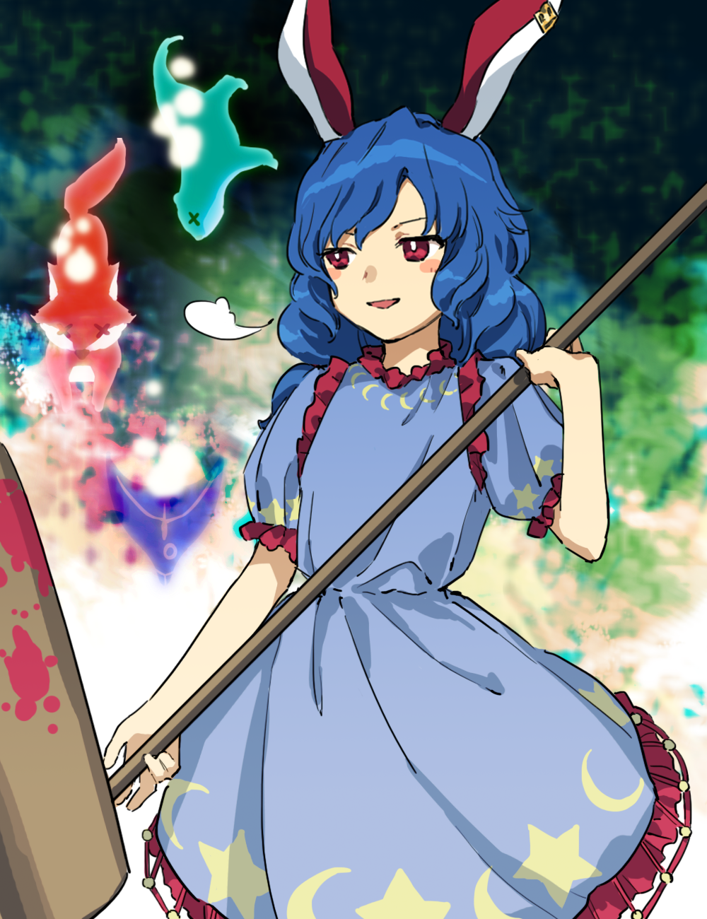 1girl ambiguous_red_liquid animal_ears blue_dress blue_hair blush_stickers crescent_print dress eagle_spirit_(touhou) earclip highres holding kaigen_1025 kine long_hair mallet open_mouth otter_spirit_(touhou) rabbit_ears red_eyes seiran_(touhou) short_sleeves smile solo star_(symbol) star_print touhou unfinished_dream_of_all_living_ghost wolf_spirit_(touhou)