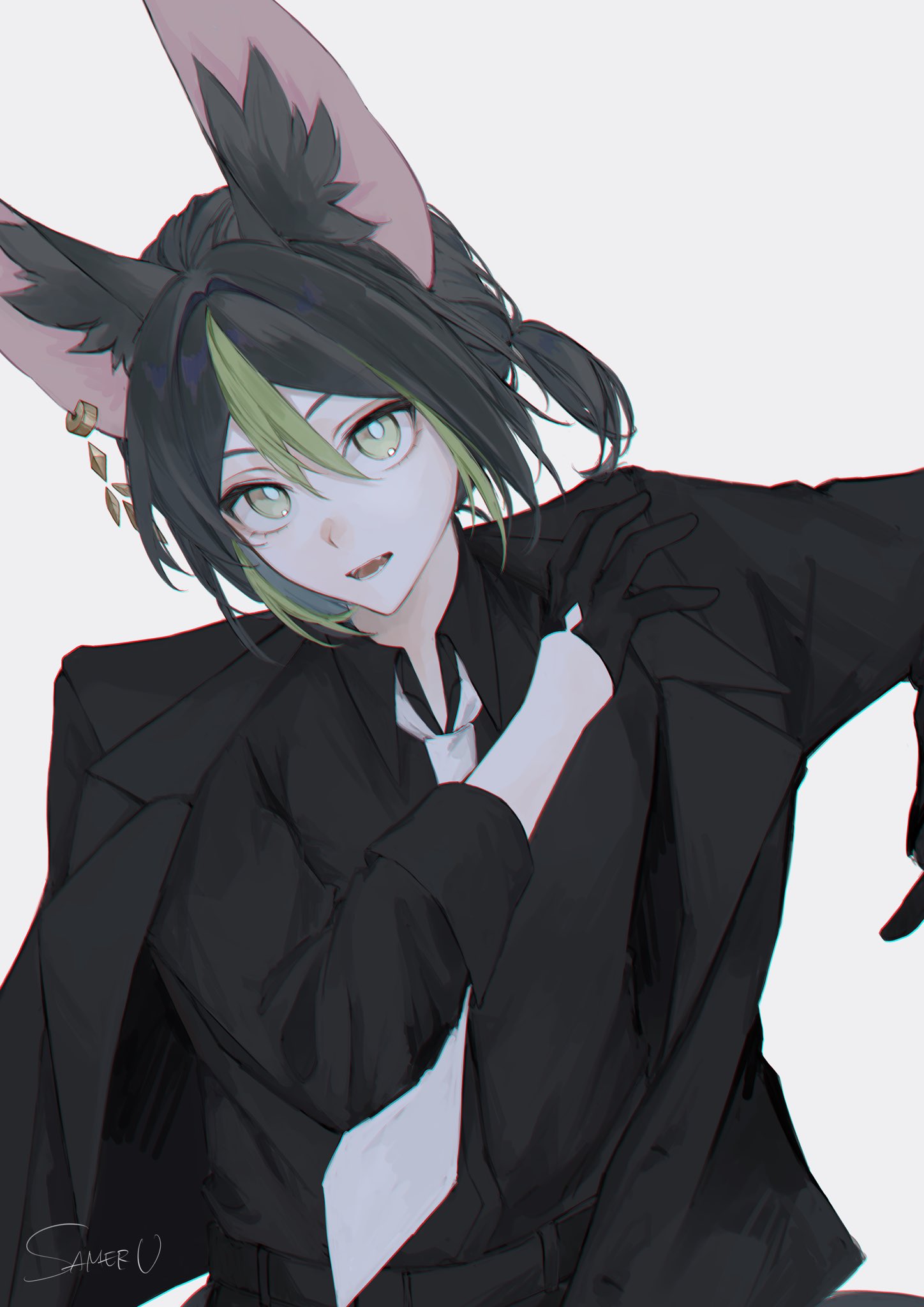 1boy alternate_hairstyle animal_ear_fluff animal_ears artist_name black_gloves black_hair black_jacket black_shirt collared_shirt commentary_request dress_shirt fox_ears genshin_impact gloves green_eyes green_hair hair_between_eyes hair_intakes half_gloves hand_up highres jacket lapels long_sleeves looking_at_viewer male_focus marota_0 multicolored_hair necktie open_clothes open_jacket open_mouth ponytail shirt short_hair short_ponytail sidelocks signature simple_background solo streaked_hair teeth tighnari_(genshin_impact) upper_body white_background white_necktie wing_collar