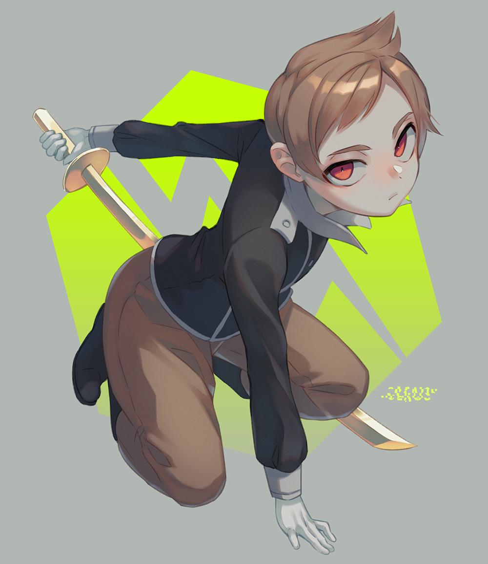 1boy black_jacket blush brown_hair brown_pants claus_(mother_3) closed_mouth fighting_stance full_body grey_background holding holding_sword holding_weapon jacket long_sleeves looking_at_viewer male_focus masked_man_(mother_3) mother_(game) mother_3 pants red_eyes shifumame short_hair socks solo spoilers sword weapon white_socks