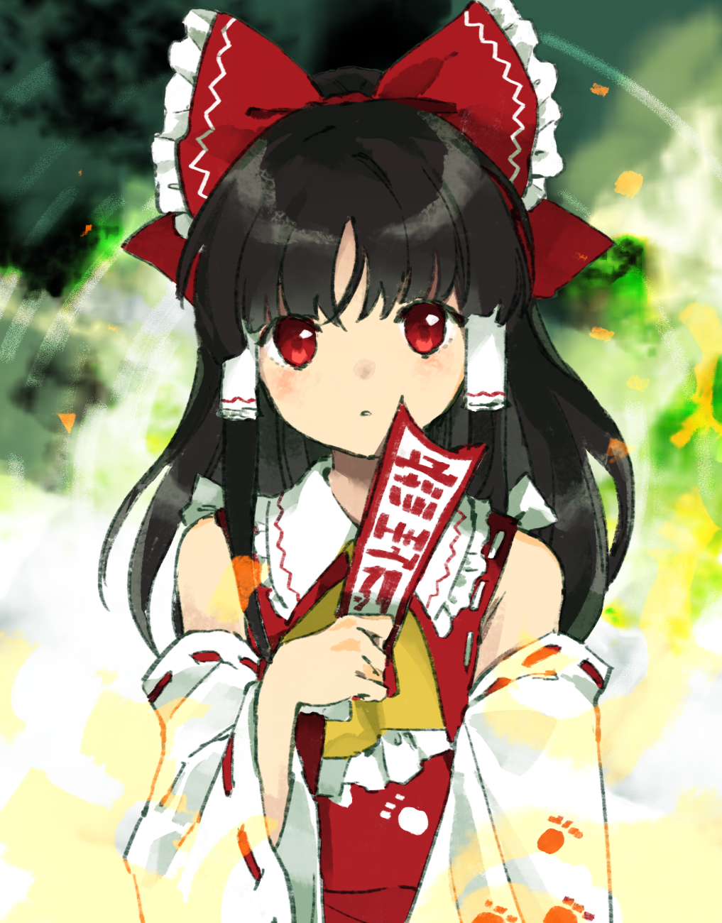 1girl bare_shoulders black_hair bow detached_sleeves hair_bow hair_tubes hakurei_reimu highres holding japanese_clothes kaigen_1025 long_hair nontraditional_miko ofuda parted_lips red_bow red_eyes ribbon-trimmed_sleeves ribbon_trim sidelocks solo touhou unfinished_dream_of_all_living_ghost upper_body white_sleeves wide_sleeves