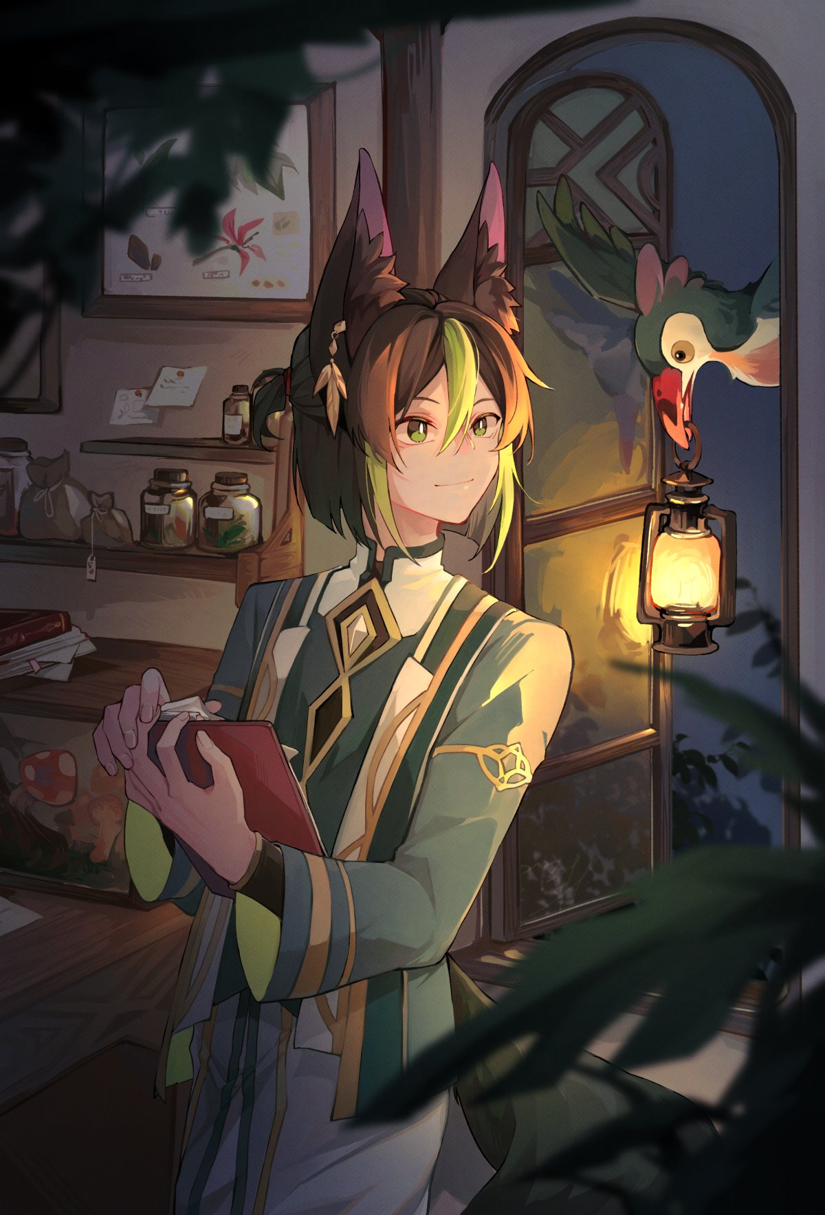 1boy akademiya_uniform animal_ear_fluff animal_ears bag bird black_hair blunt_ends blurry blurry_foreground book clipboard closed_mouth commentary_request depth_of_field door earrings erhuo fox_boy fox_ears fox_tail genshin_impact gold_trim green_eyes green_hair green_jacket hair_between_eyes hands_up highres holding holding_clipboard indoors jacket jar jewelry kerosene_lamp lantern leaf long_sleeves looking_to_the_side male_focus multicolored_hair mushroom night open_clothes open_door open_jacket pants paper picture_frame plant ponytail shelf short_hair short_ponytail sidelocks single_earring smile solo standing streaked_hair tail tighnari_(genshin_impact) vial white_pants wide_sleeves