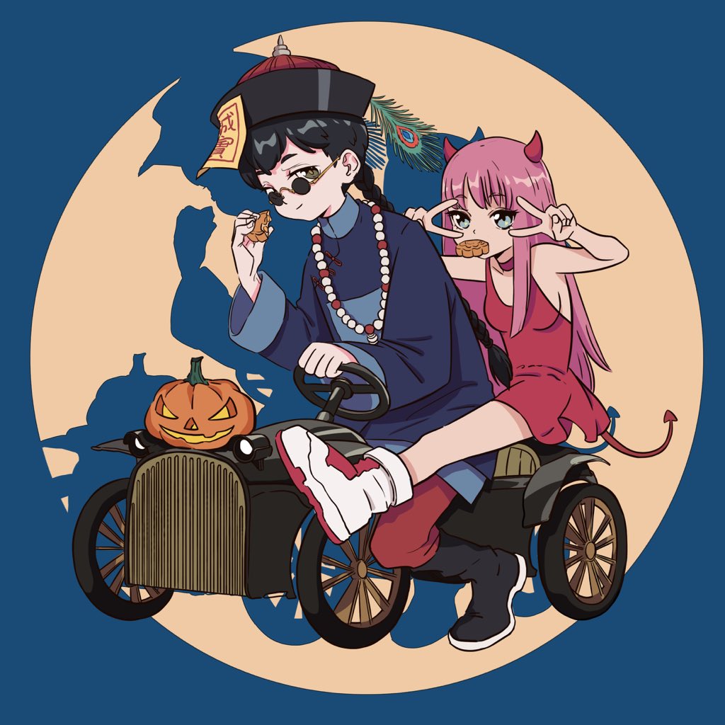 1boy 1girl bead_necklace beads black_hair boots braid car chinese_clothes choker commentary demon_girl demon_horns demon_tail double_v dress food grey_eyes hat hat_feather holding holding_food horns jack-o'-lantern jewelry kiunchiku long_hair motor_vehicle mouth_hold necklace ofuda original pink_hair qingdai_guanmao red_choker red_dress red_horns riding single_braid smile spotlight sunglasses tail v