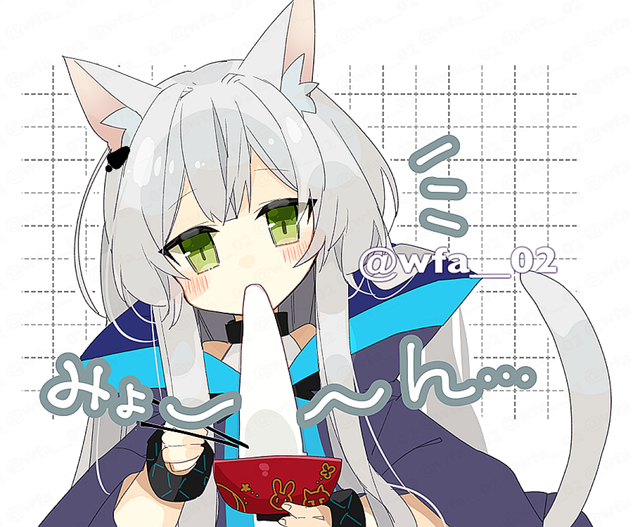 1girl animal_ear_fluff animal_ears arknights artist_name blush bowl bracelet cat_ears cat_girl cat_tail chopsticks eating green_eyes grey_hair holding holding_bowl holding_chopsticks infection_monitor_(arknights) itsuki_02 jewelry long_hair looking_at_viewer notice_lines rosmontis_(arknights) solo sound_effects tail twitter_username