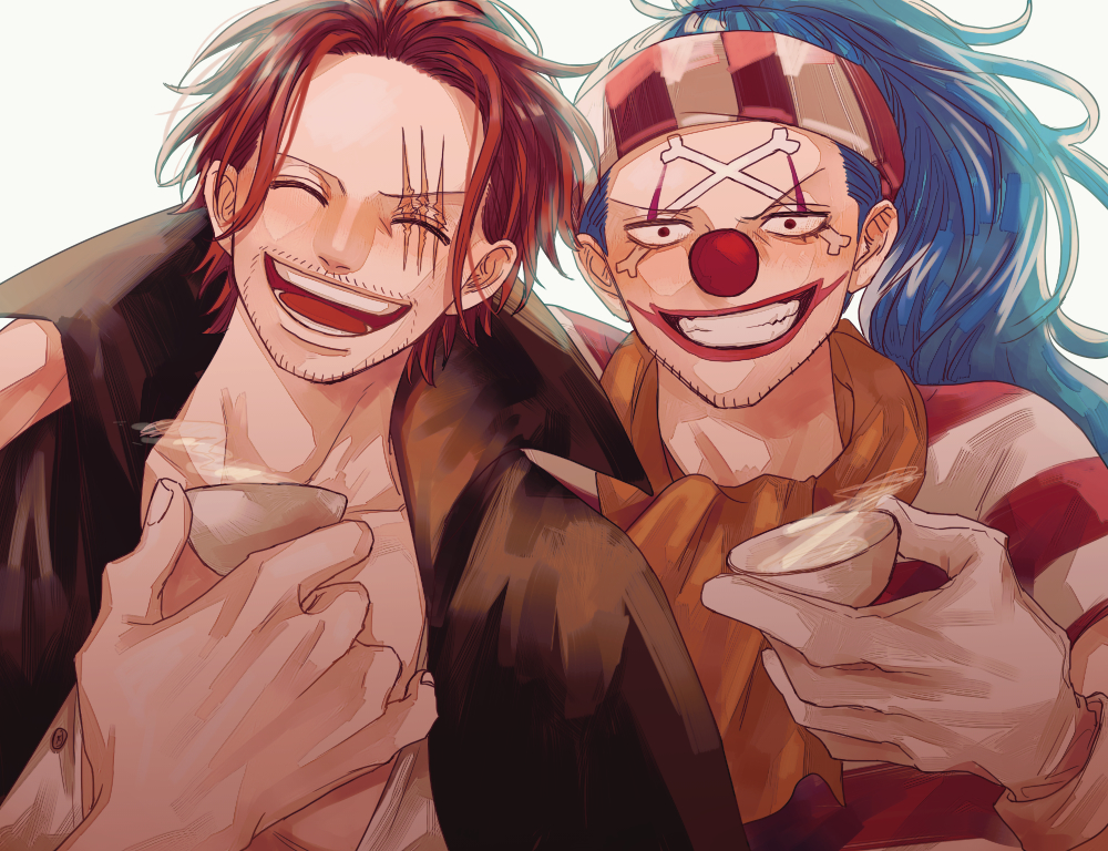 2boys black_coat blue_hair buggy_the_clown closed_eyes clown_nose coat commentary_request cup facepaint facial_hair gloves grin holding holding_cup looking_at_viewer makeup male_focus medium_hair multiple_boys nsgw one_piece open_mouth ponytail red_nose redhead sakazuki scar scar_across_eye scar_on_face shanks_(one_piece) smile teeth white_gloves