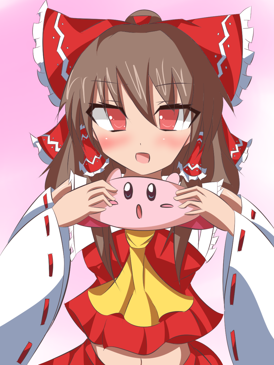 1girl 1other artist_request ascot blue_eyes blush blush_stickers bow brown_hair colored_skin crossover detached_sleeves frilled_hair_tubes frills hair_bow hair_tubes hakurei_reimu highres kirby kirby_(series) open_mouth pink_skin red_bow red_eyes ribbon-trimmed_sleeves ribbon_trim touhou yellow_ascot