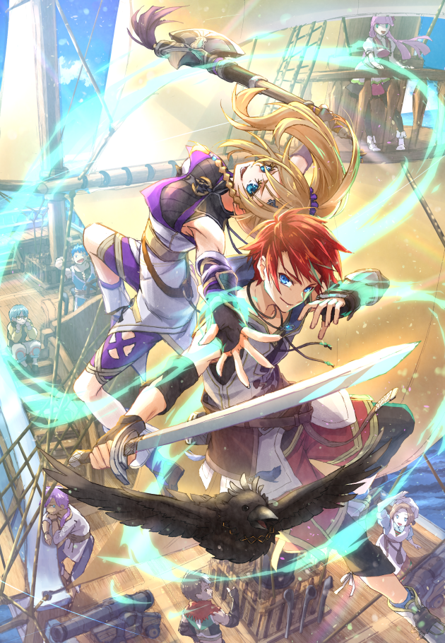 3girls 5boys adol_christin animal axe belt bird black_gloves blonde_hair blue_eyes blue_sky breasts brown_belt cannon commentary_request crow day dogi_(ys) fingerless_gloves funa_(33781408) gloves hair_ornament hair_scrunchie holding holding_axe holding_sword holding_weapon jewelry karja_balta long_hair looking_at_viewer medium_breasts multiple_boys multiple_girls necklace outdoors ponytail purple_scrunchie redhead sailing_ship scrunchie ship sky smile sword watercraft weapon ys ys_x_nordics