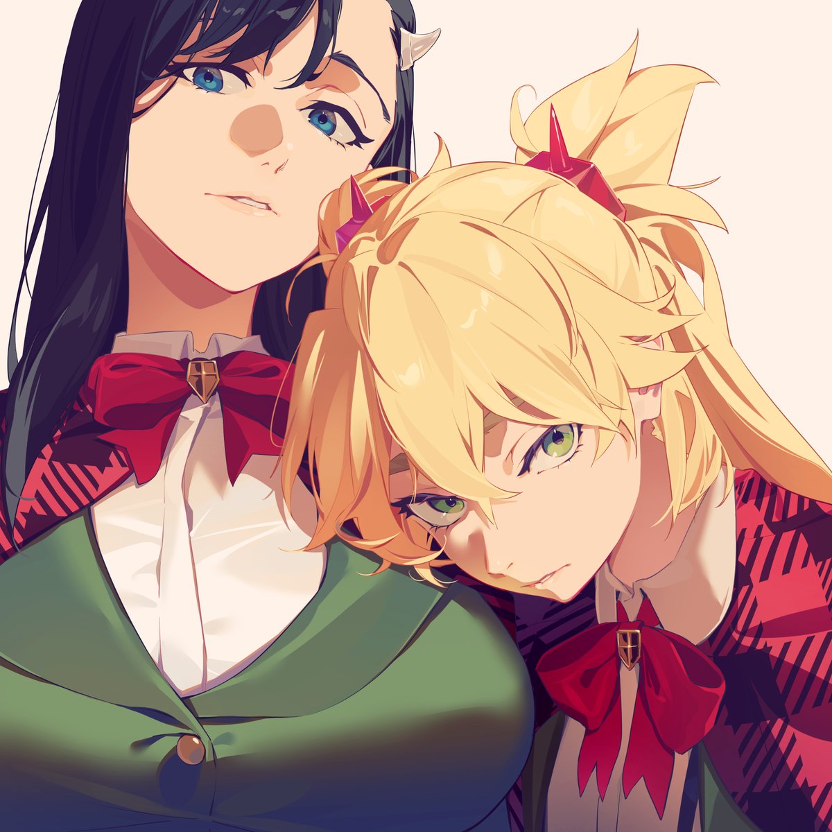 2girls black_hair blonde_hair blue_eyes bow breasts burn_the_witch cape capelet closed_mouth green_eyes green_jacket hair_ornament half-closed_eyes highres ibaraki_shun jacket large_breasts long_hair long_sleeves looking_at_viewer multiple_girls niihashi_noel ninny_spangcole plaid_cape plaid_capelet red_cape red_capelet shirt twintails white_background white_shirt