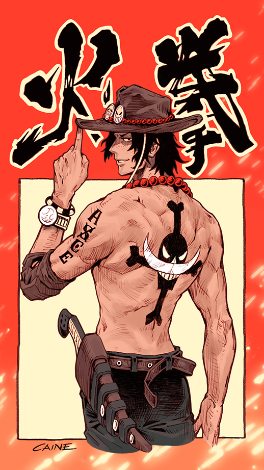 1boy artist_name back back_tattoo bare_back bead_necklace beads black_hair caine666 compass cowboy_hat dagger facial_mark freckles hat jewelry knife log_pose looking_at_viewer male_focus necklace one_piece portgas_d._ace short_hair smile smirk solo standing tattoo teeth third-party_source topless_male translation_request weapon