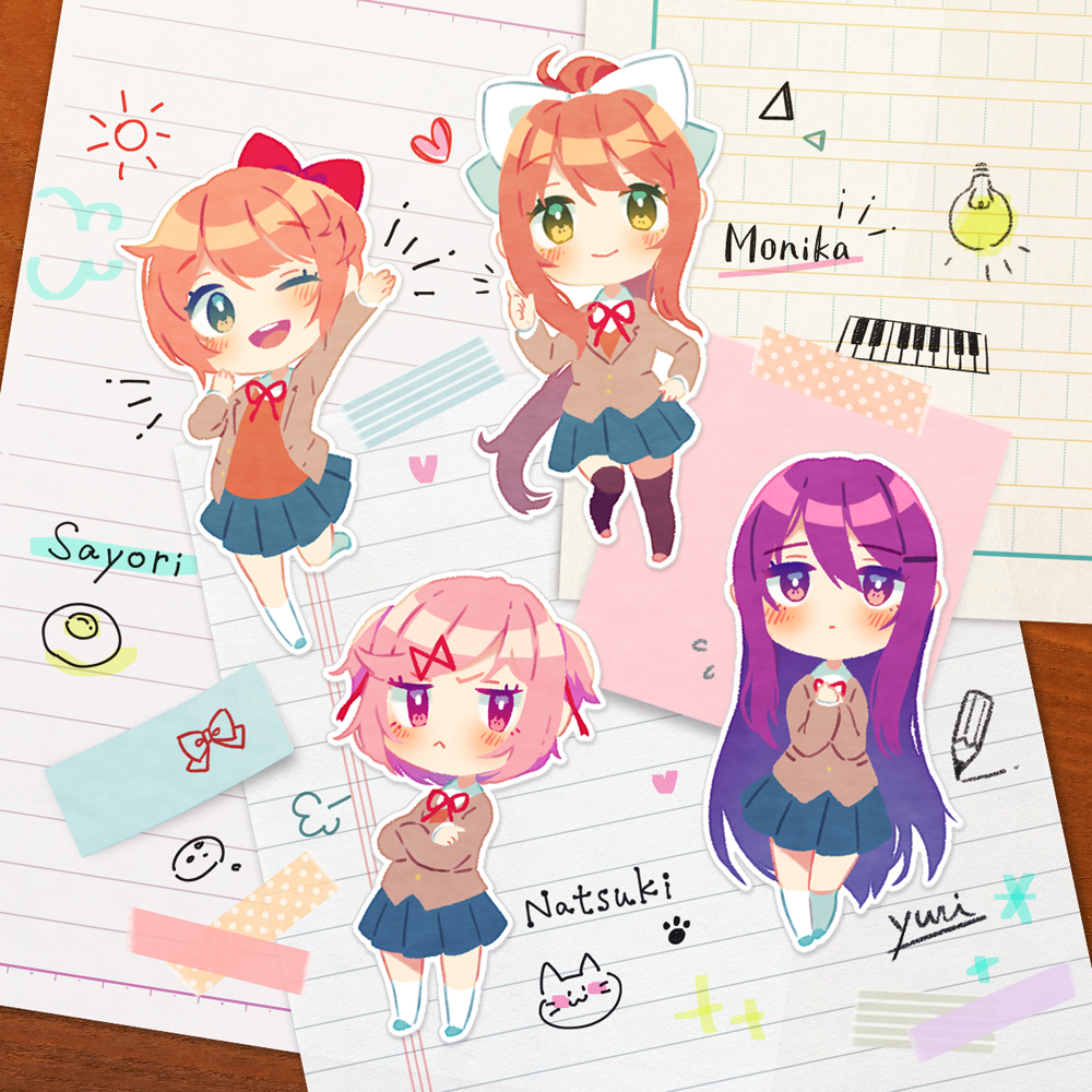 4girls black_thighhighs blue_skirt blush bow brown_hair character_name chibi closed_mouth crossed_arms doki_doki_literature_club egg eyelashes grey_jacket hair_between_eyes hair_bow hair_ornament hairclip hand_on_own_hip heart index_finger_raised instrument jacket keyboard_(instrument) light_bulb long_hair monika_(doki_doki_literature_club) multiple_girls natsuki_(doki_doki_literature_club) orange_sweater own_hands_clasped own_hands_together pink_hair purple_hair red_bow red_ribbon ribbon sayori_(doki_doki_literature_club) shifumame short_twintails skirt smile socks sweater thigh-highs twintails very_long_hair waving white_bow white_socks yellow_eyes yuri_(doki_doki_literature_club)