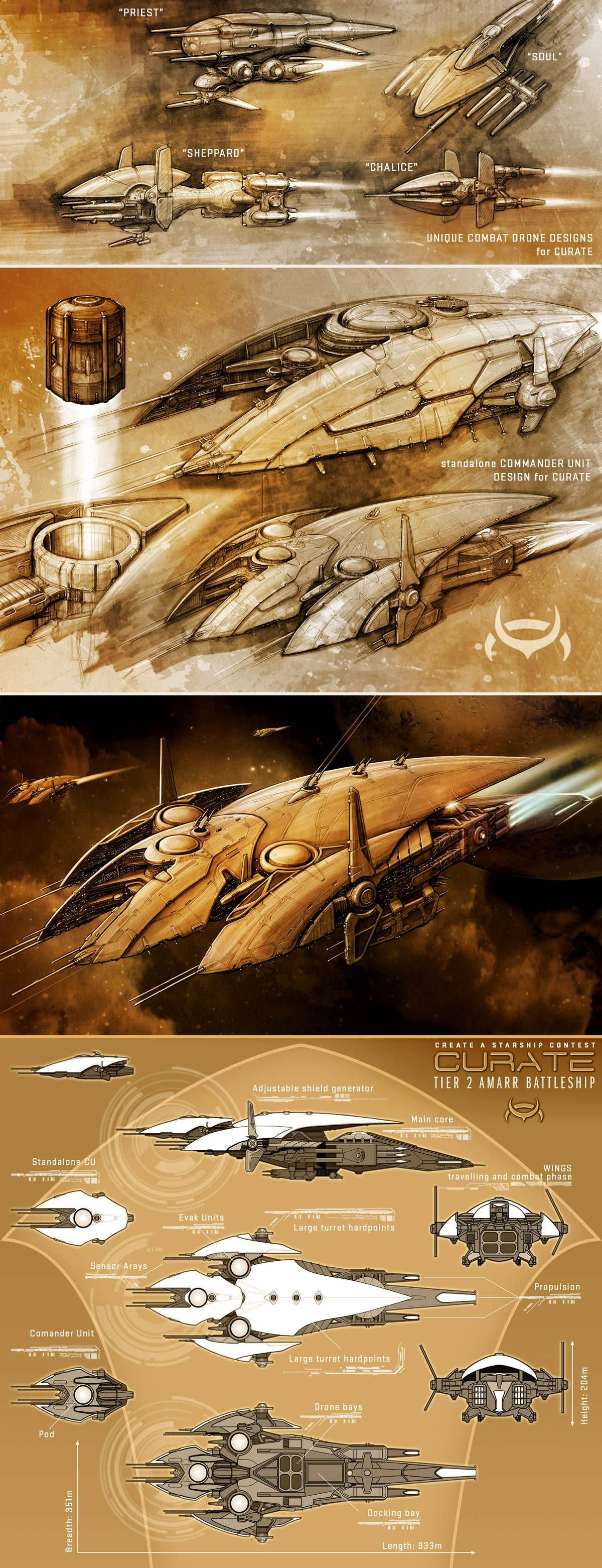 absurdres amarr_empire_(eve_online) battleship_(eve_online) brown_theme cannon combat_drone_(eve_online) commentary concept_art cruiser_(eve_online) drone emblem energy energy_beam energy_cannon english_text eve_online firing fleet flying glowing highres laser laser_cannon machinery military_vehicle monochrome multiple_views nexusdesigner no_humans original outdoors planet radio_antenna reference_sheet science_fiction space spacecraft starfighter tech_2_ship_(eve_online) thrusters turret vehicle_focus