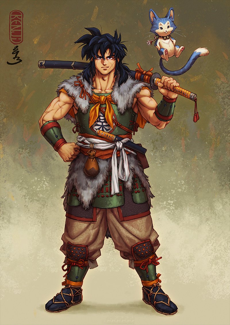 1boy alternate_costume animal armor artist_name baggy_pants beard_stubble bell black_eyes black_hair black_socks blue_fur cat closed_mouth collarbone cross_scar cuirass dragon_ball dragon_ball_(classic) dragon_ball_z facing_viewer floating fur_shawl grey_fur guillem_dauden haidate hair_between_eyes hand_on_own_hip holding holding_sword holding_weapon japanese_armor japanese_clothes katana kote kusazuri long_hair looking_at_viewer loose_hair_strand male_focus muscular muscular_male neck_bell over_shoulder pants pants_tucked_in pouch puar samurai sandals sash scar scar_across_eye scar_on_arm scar_on_face shawl sheath sheathed short_sleeves short_sword simple_background socks spiky_hair suneate sword tabi tail tantou waraji weapon weapon_over_shoulder yamcha