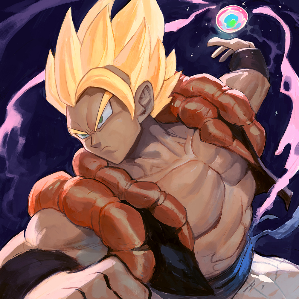 1boy abs arm_up aura blonde_hair clenched_hand closed_mouth collarbone dragon_ball dragon_ball_z energy_ball frown furrowed_brow garrett_hanna gogeta green_eyes male_focus metamoran_vest muscular muscular_male pants pectorals saiyan sash serious simple_background solo spiky_hair stardust_breaker super_saiyan super_saiyan_1 upper_body white_pants