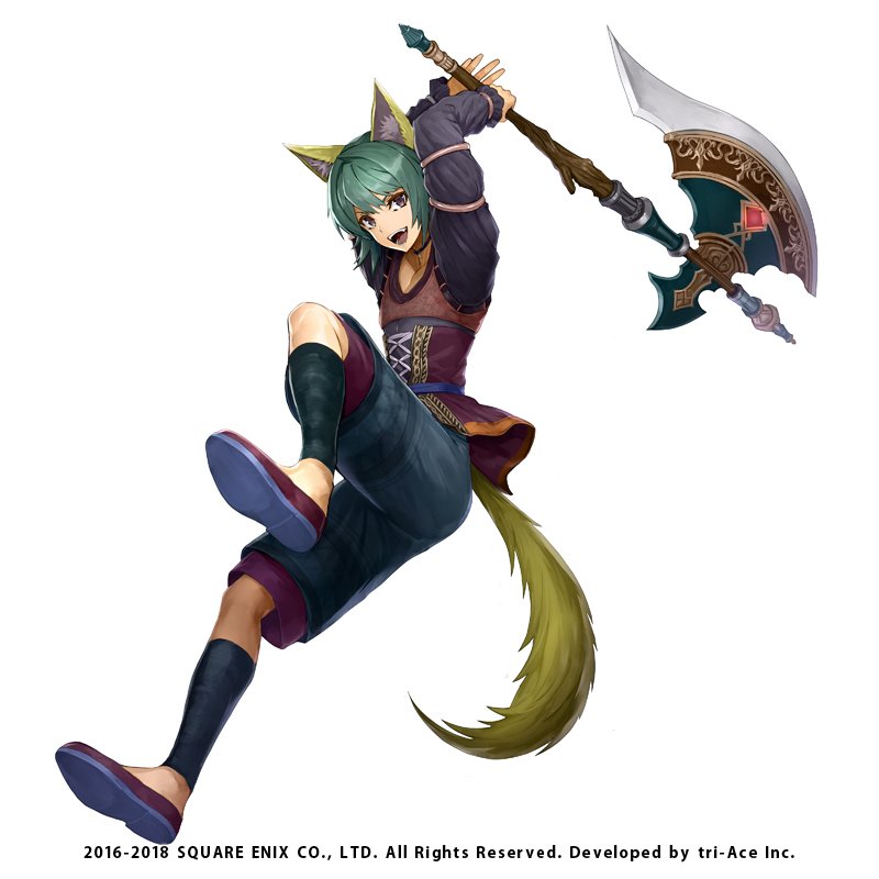 1boy animal_ear_fluff animal_ears arms_behind_head axe battle_axe black_leg_warmers black_shirt blue_pants brown_eyes commentary_request copyright_notice corset cross-laced_clothes cross-laced_top denim denim_shorts eyelashes fangs full_body green_hair holding holding_axe kijimoto_yuuhi layered_shorts long_sleeves male_focus marcelle_(star_ocean) official_art open_mouth pants pectoral_cleavage pectorals purple_footwear purple_pants red_tunic shirt shoes short_hair shorts simple_background sleeve_garter sleeves_past_wrists smile solo star_ocean star_ocean_anamnesis tail teeth upper_teeth_only v-shaped_eyebrows weapon white_background wolf_ears wolf_tail