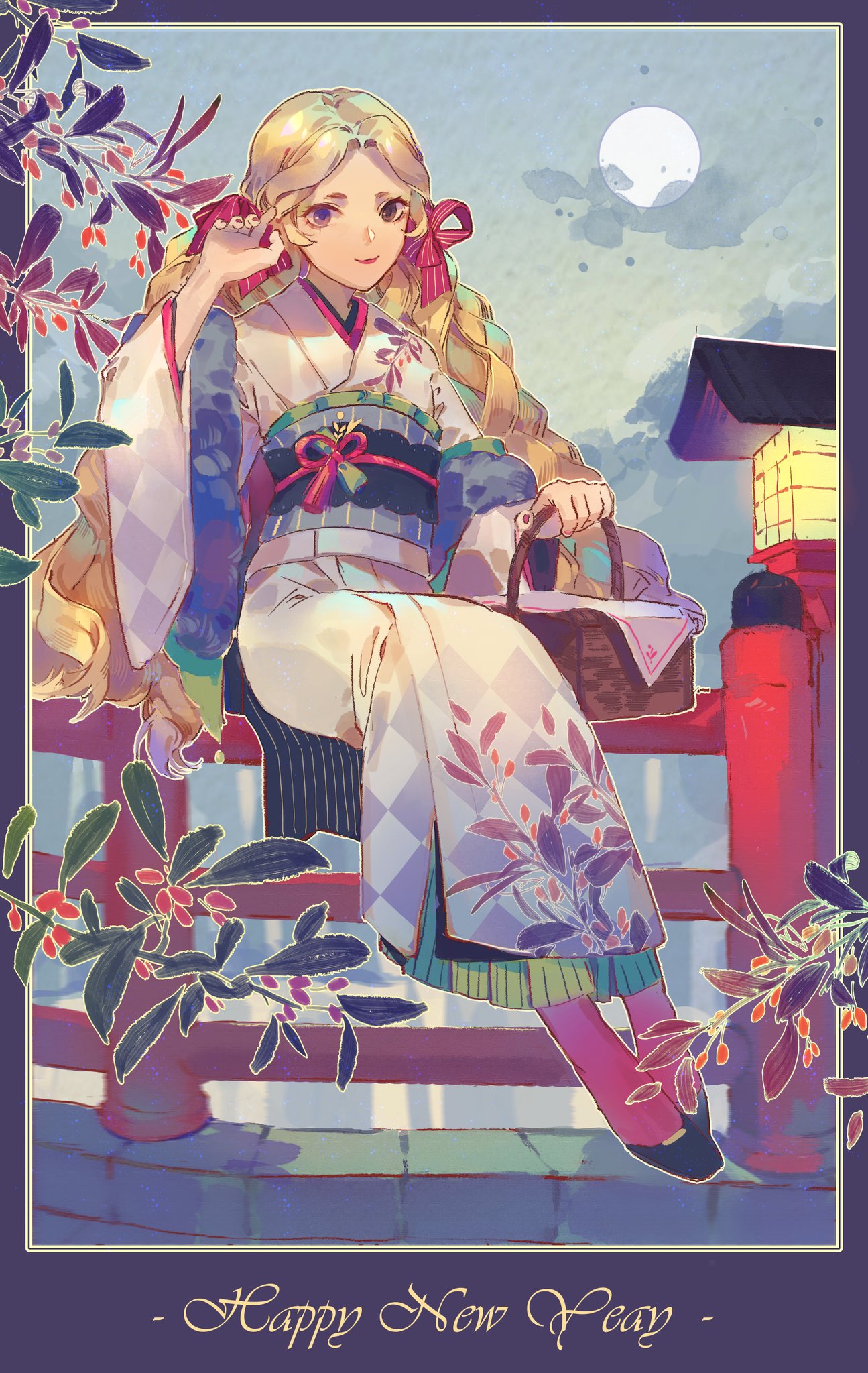 1girl argyle argyle_kimono argyle_sleeves basket berry black_footwear blonde_hair blue_border blue_sash blue_scarf border chinese_commentary closed_mouth clouds commentary_request english_text eyelashes fence floral_print frilled_kimono frilled_sash frills full_body full_moon fur_scarf geta hair_ribbon happy_new_year heterochromia highres holding holding_basket japanese_clothes kimono lantern lipstick long_hair long_sleeves looking_at_viewer makeup moon new_year night night_sky obi original outdoors painting_(medium) pink_ribbon red_lips red_socks ribbon sash scarf sitting_on_fence sky smile socks solo striped striped_ribbon tassel traditional_media vertical-striped_sash very_long_hair violet_eyes watercolor_(medium) wavy_hair white_kimono white_sleeves wide_sleeves yanmian_(printemps-noir) yukata