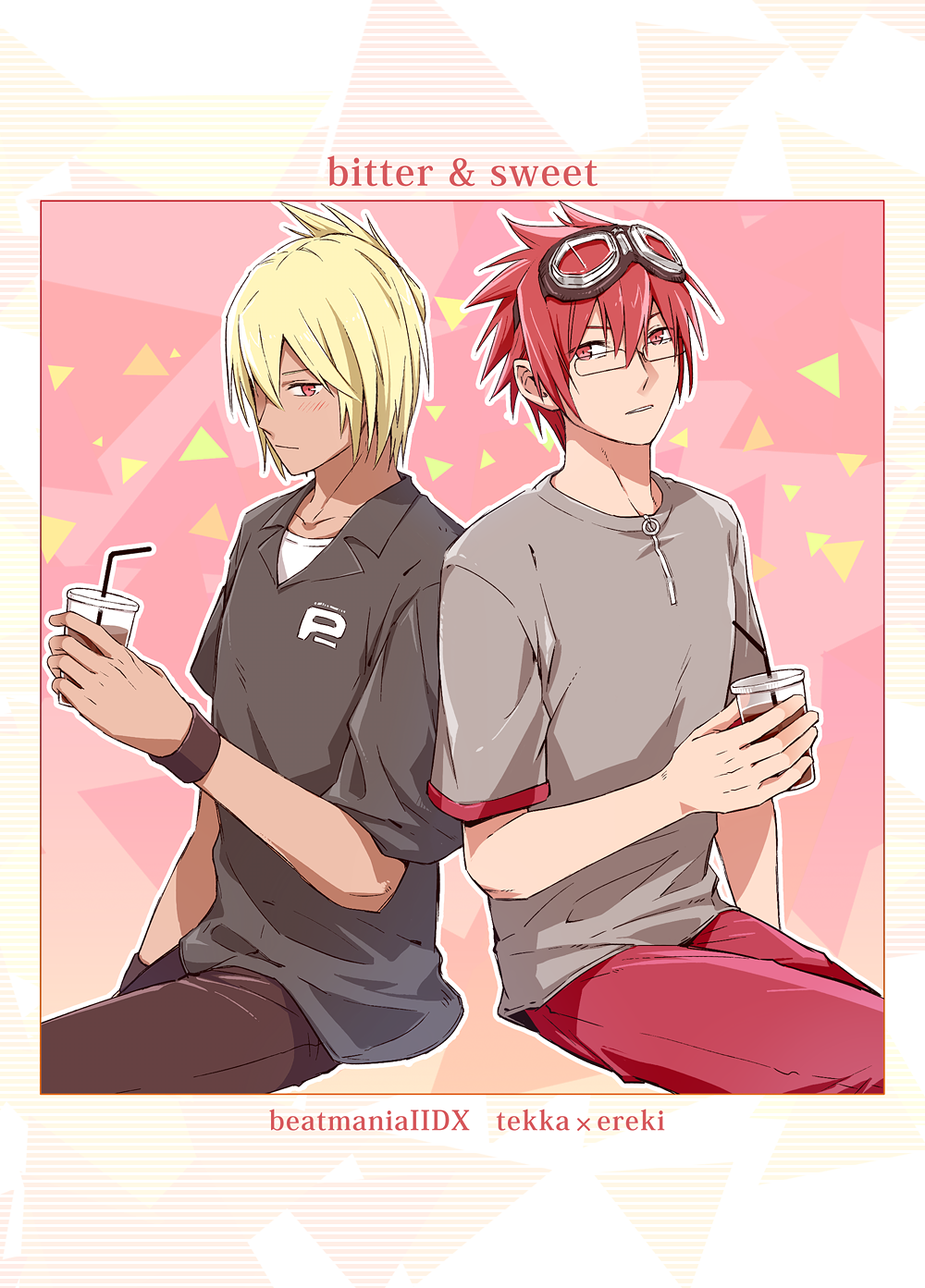 2boys beatmania_iidx black-framed_eyewear black_shirt blonde_hair brown_pants character_name closed_mouth coffee collared_shirt commentary_request copyright_name cowboy_shot cup dark-skinned_male dark_skin drinking_straw ereki_(beatmania) expressionless folded_ponytail glasses goggles goggles_on_head grey_shirt hair_between_eyes highres holding holding_cup kurogane_tekka long_bangs looking_at_viewer male_focus maoh_(aburaage0528) multiple_boys pants pink_background red_eyes red_pants redhead shirt short_hair sitting t-shirt undershirt white_shirt