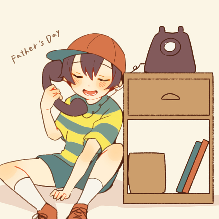 1boy antique_phone black_hair blue_shorts blush book brown_footwear closed_eyes english_text father's_day lower_teeth_only male_focus mother_(game) mother_2 ness_(mother_2) open_mouth phone red_headwear rotary_phone shelf shifumame shirt short_hair shorts sitting socks solo striped striped_shirt talking_on_phone teeth white_socks