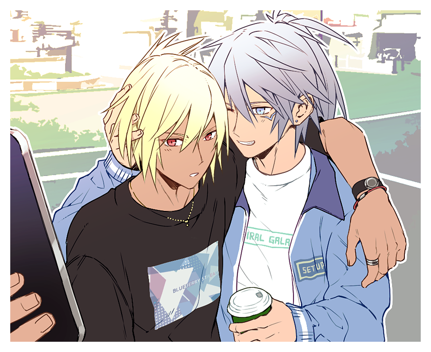 2boys beatmania_iidx black_shirt blonde_hair blue_eyes blue_jacket border brothers commentary_request cup dark-skinned_male dark_skin disposable_cup earrings ereki_(beatmania) folded_ponytail grey_hair grin hair_between_eyes holding holding_cup jacket jewelry long_bangs looking_at_viewer male_focus maoh_(aburaage0528) multiple_boys necklace one_eye_closed open_clothes open_jacket outline print_shirt red_eyes ring selfie shilow shirt short_hair siblings smile stud_earrings t-shirt upper_body watch watch white_border white_outline white_shirt