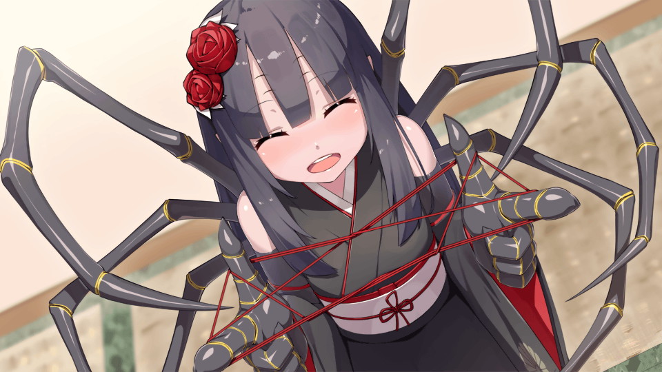 1girl arthropod_girl arthropod_limbs artist_request bare_shoulders black_hair black_kimono blunt_bangs carapace cat's_cradle closed_eyes detached_sleeves extra_ears flower game_cg hair_flower hair_ornament japanese_clothes kimono komachi_(monster_musume) long_hair looking_at_viewer monster_musume_no_iru_nichijou monster_musume_no_iru_nichijou_online obi official_art open_mouth red_flower sash solo spider_girl teeth upper_teeth_only wide_sleeves