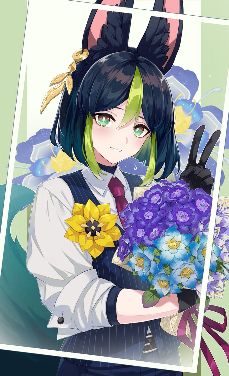 1boy animal_ear_fluff animal_ears black_gloves black_hair blue_flower blue_hair blue_vest blunt_ends blush bouquet brown_eyes collared_shirt commentary_request dress_shirt earrings english_commentary flower fox_boy fox_ears fox_tail genshin_impact gloves gradient_hair green_background green_eyes green_hair green_pupils grin hair_between_eyes hand_up highres holding holding_bouquet itsumono_katze jewelry kalpalata_lotus long_sleeves looking_at_viewer male_focus mixed-language_commentary multicolored_eyes multicolored_hair necktie nilotpala_lotus_(genshin_impact) pinstripe_pattern pinstripe_vest purple_flower purple_necktie purple_ribbon ribbon shirt short_hair simple_background single_earring sleeves_rolled_up smile solo streaked_hair striped striped_vest sumeru_rose_(genshin_impact) tail teeth tighnari_(genshin_impact) v vertical-striped_vest vertical_stripes vest white_background white_shirt wing_collar yellow_flower
