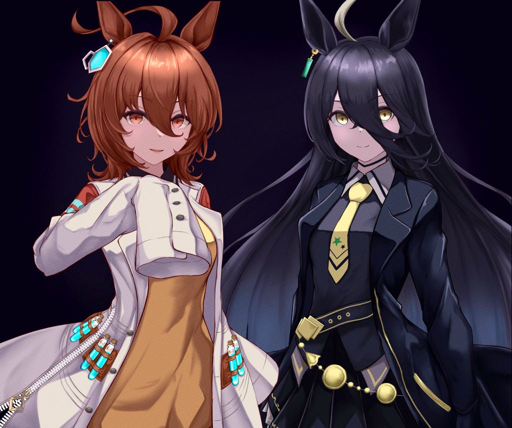 agnes_tachyon_(umamusume) ahoge animal_ears black_background black_coat black_gloves black_hair black_shirt breasts brown_hair closed_mouth coat collar collared_shirt commentary_request cork earrings gloves hair_between_eyes holding horse_ears horse_girl jewelry lab_coat long_hair long_sleeves looking_at_viewer manhattan_cafe_(umamusume) medium_breasts multicolored_hair necktie open_clothes open_coat parted_lips peperoncino-sama shirt short_hair simple_background single_earring sleeves_past_fingers sleeves_past_wrists smile steam streaked_hair sweater_vest test_tube umamusume upper_body very_long_sleeves white_coat yellow_eyes yellow_necktie yellow_sweater_vest