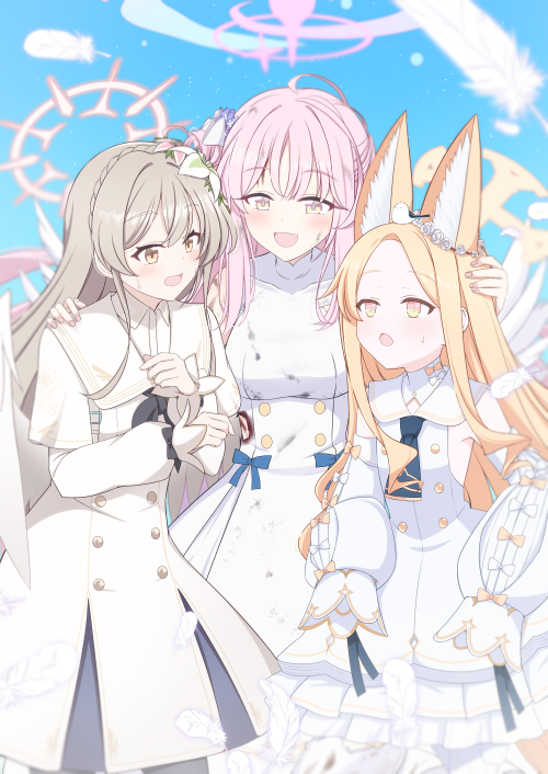 3girls angel_wings animal_ear_fluff animal_ears bare_shoulders blonde_hair blue_archive capelet detached_sleeves dress extra_ears feathered_wings feathers flower fox_ears hair_flower hair_ornament halo hoshino_ouka light_brown_hair long_hair long_sleeves mika_(blue_archive) multiple_girls nagisa_(blue_archive) pink_flower pink_hair pink_halo purple_flower seia_(blue_archive) sleeves_past_fingers sleeves_past_wrists very_long_hair white_capelet white_dress white_flower white_wings wings yellow_eyes yellow_halo