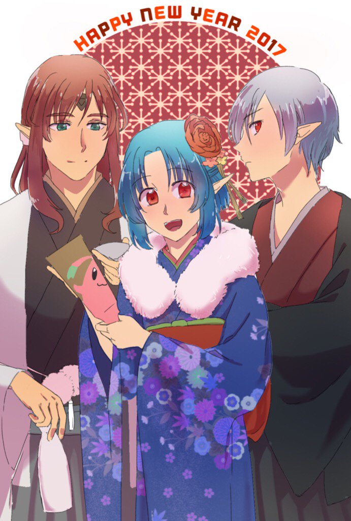 1girl 2boys :d blue_hair closed_mouth facial_mark filia_(star_ocean) forehead_jewel forehead_mark gabriel_(star_ocean) happy_new_year japanese_clothes kimono looking_at_viewer lucifer_(star_ocean) multiple_boys open_mouth pointy_ears red_eyes rusinomob short_hair smile star_ocean star_ocean_the_second_story