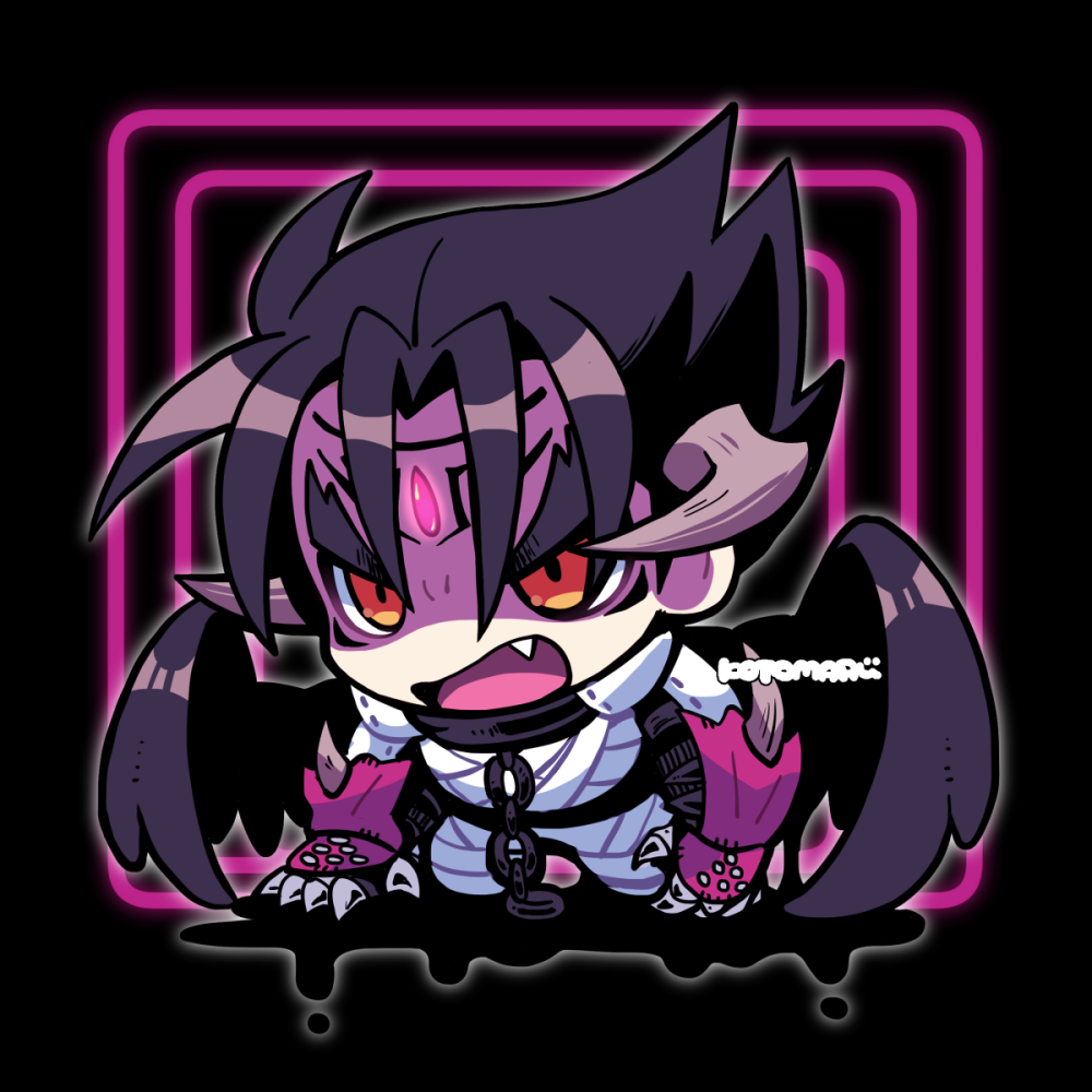 1boy angry bandages black_hair black_wings chain chibi devil_jin fang forehead_jewel grey_horns horns kazama_jin kotorai looking_ahead male_focus no_nose on_one_knee open_mouth shaded_face short_hair signature solo studded_gloves tekken thick_eyebrows v-shaped_eyebrows wings