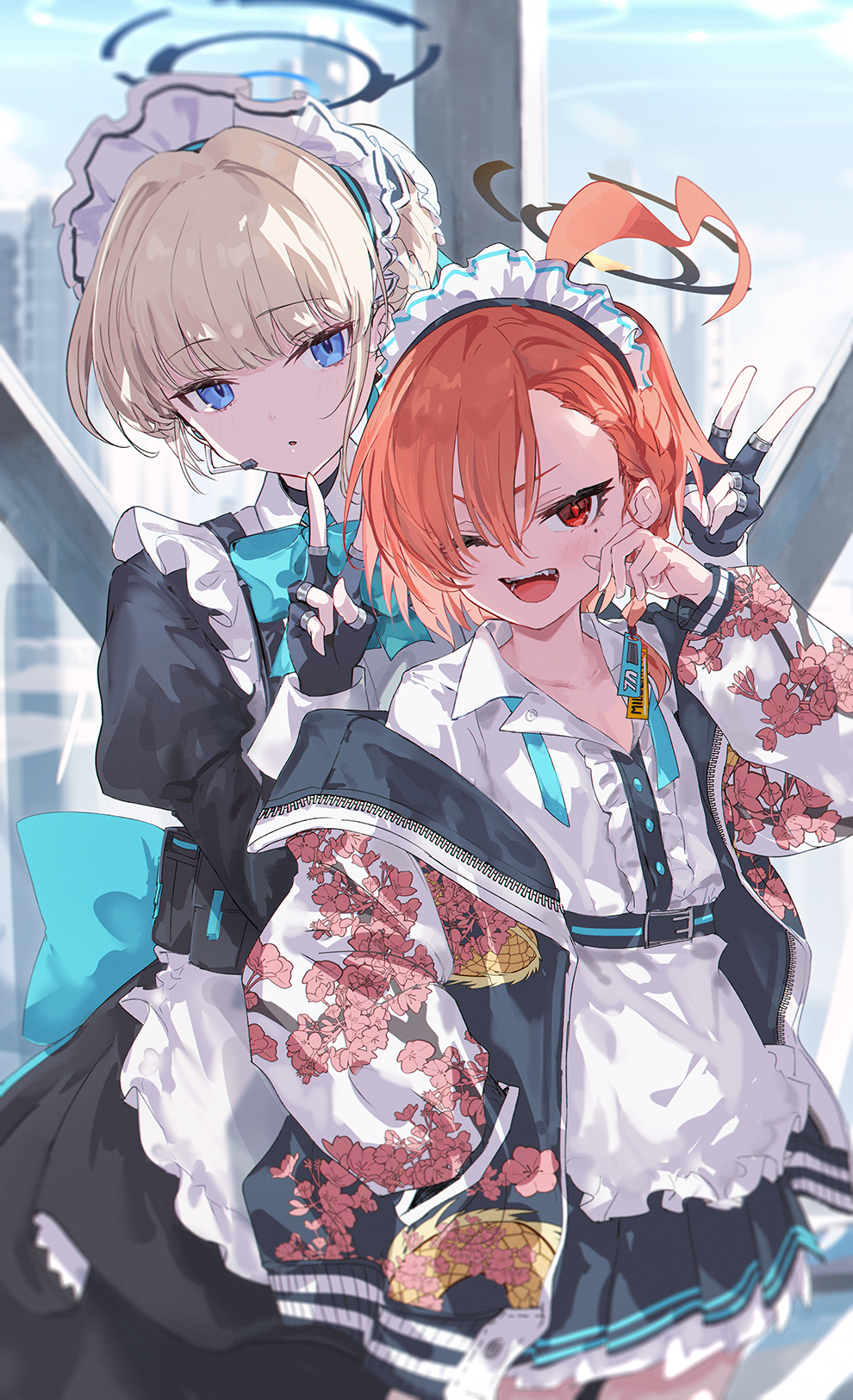 2girls ahoge apron black_dress black_gloves blonde_hair blue_archive blue_eyes blue_halo blush buttons center_frills commentary_request double_v dress earpiece fingerless_gloves frilled_apron frills gloves hair_between_eyes hair_bun halo highres huge_ahoge jacket juliet_sleeves long_sleeves looking_at_viewer maid maid_apron maid_headdress makihitsuji mole mole_under_eye multiple_girls neru_(blue_archive) one_eye_closed open_clothes open_jacket open_mouth parted_lips puffy_sleeves red_eyes redhead short_hair single_hair_bun smile sukajan toki_(blue_archive) v white_apron