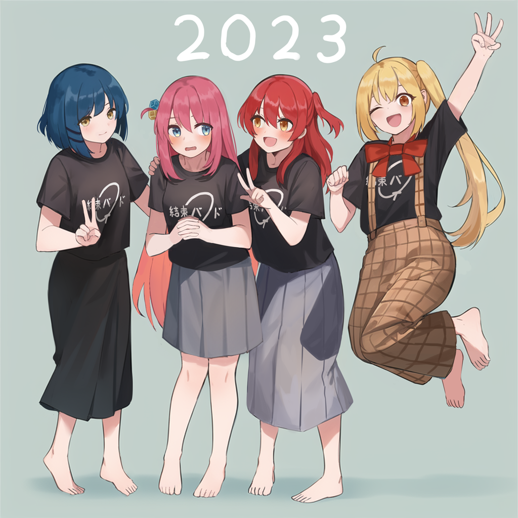 4girls ahoge barefoot black_shirt black_skirt blonde_hair blue_background blue_eyes blue_hair blush bocchi_the_rock! bow bowtie brown_overalls closed_mouth commentary cube_hair_ornament gotoh_hitori grey_skirt hair_between_eyes hair_ornament hairclip hand_on_another's_shoulder ijichi_nijika jumping kessoku_band_logo kessoku_band_t-shirt kita_ikuyo long_hair looking_at_viewer milktea_(gggrrr2000) multiple_girls one_eye_closed one_side_up open_mouth orange_eyes overalls own_hands_clasped own_hands_together pink_hair pleated_skirt red_bow red_bowtie redhead shirt short_hair short_sleeves side_ponytail sidelocks simple_background single_sidelock skirt v w yamada_ryo yellow_eyes