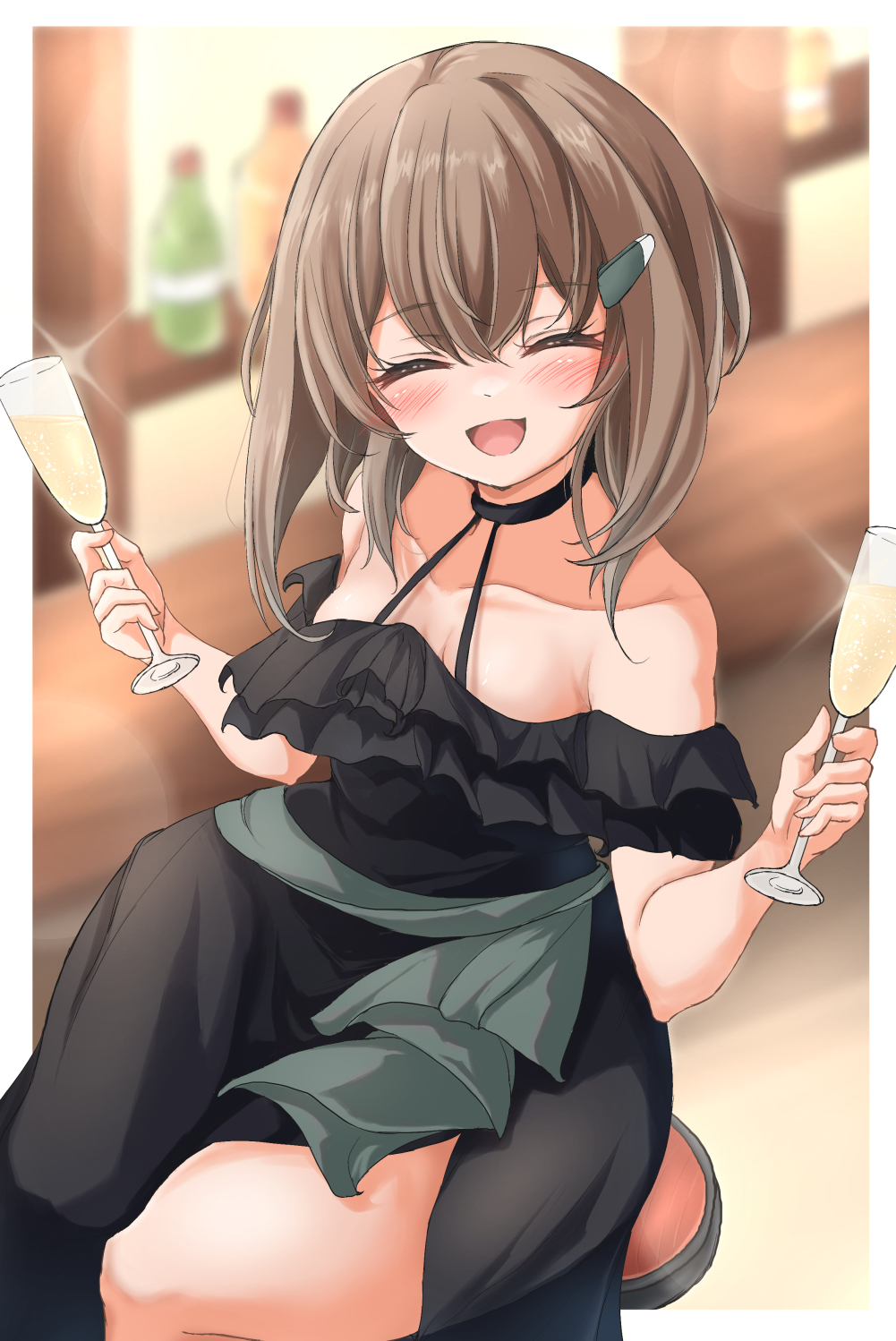 1girl alternate_costume bar_(place) bare_shoulders black_dress brown_hair champagne_flute closed_eyes collarbone commentary_request cup dress drinking_glass facing_viewer feet_out_of_frame hair_ornament hairclip highres kantai_collection kasashi_(kasasi008) short_hair_with_long_locks smile solo stool taihou_(kancolle)
