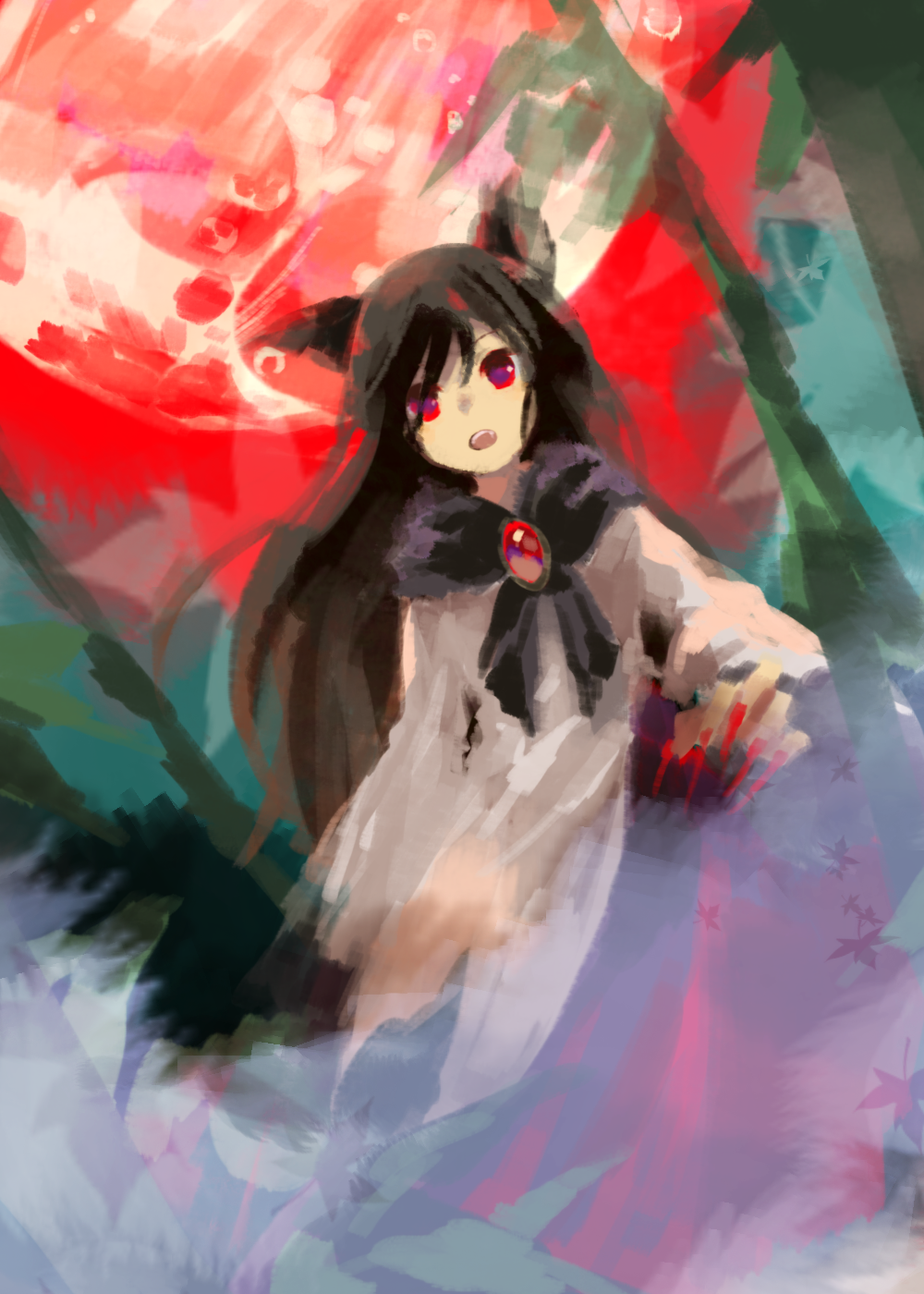 1girl animal_ears black_hair brooch claws commentary_request dress fang highres imaizumi_kagerou jewelry kaigen_1025 long_hair long_sleeves moon open_mouth outdoors red_brooch red_claws red_eyes red_moon red_sky sky solo touhou white_dress wolf_ears wolf_girl