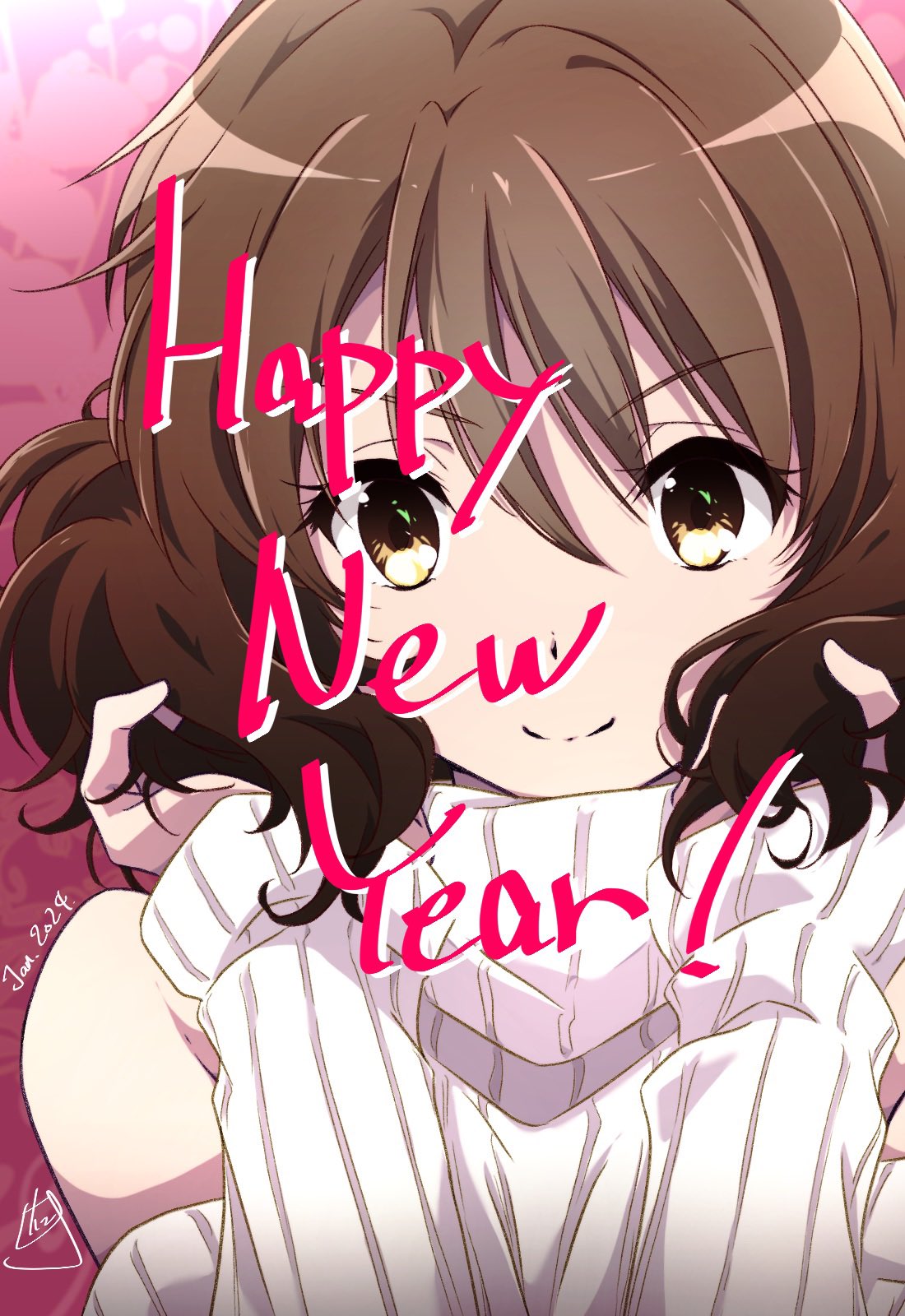1girl brown_eyes brown_hair dated english_text happy_new_year hibike!_euphonium highres looking_at_viewer nii_manabu off-shoulder_sweater off_shoulder oumae_kumiko pink_background smile solo sweater white_sweater
