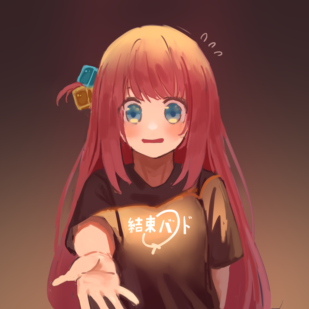 1girl black_shirt blue_eyes blush bocchi_the_rock! commentary cube_hair_ornament gotoh_hitori gradient_background hair_ornament kessoku_band_logo kessoku_band_t-shirt long_hair looking_at_viewer milktea_(gggrrr2000) one_side_up open_mouth pink_hair reaching reaching_towards_viewer shirt short_sleeves sidelocks solo upper_body