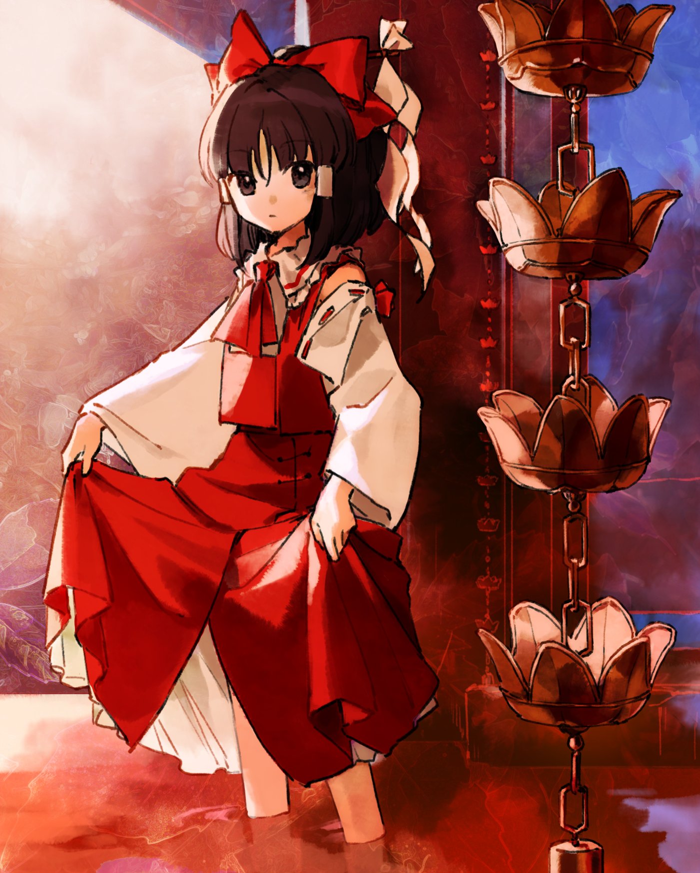 1girl ambiguous_red_liquid ascot bow brown_eyes brown_hair collared_shirt commentary_request crop_top crop_top_overhang cropped_shirt detached_sleeves expressionless frilled_shirt_collar frills hair_bow hakurei_reimu highres kaigen_1025 looking_at_viewer multiple_hair_bows rain_chain red_ascot red_bow red_shirt red_skirt ribbon-trimmed_sleeves ribbon_trim shide shirt short_hair skirt skirt_hold sleeveless sleeveless_shirt touhou wading white_sleeves