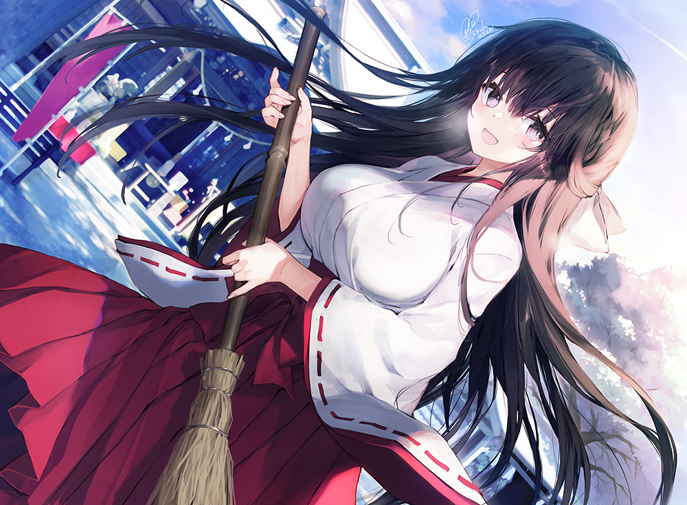 1girl :d bamboo_broom black_hair blue_sky blush breasts breath broom clouds commentary_request day dutch_angle hair_between_eyes hakama hakama_skirt holding holding_broom japanese_clothes kimono large_breasts long_hair long_sleeves making-of_available miko original outdoors red_hakama ribbon-trimmed_sleeves ribbon_trim satsuki_misuzu signature skirt sky smile snow solo very_long_hair violet_eyes white_kimono wide_sleeves
