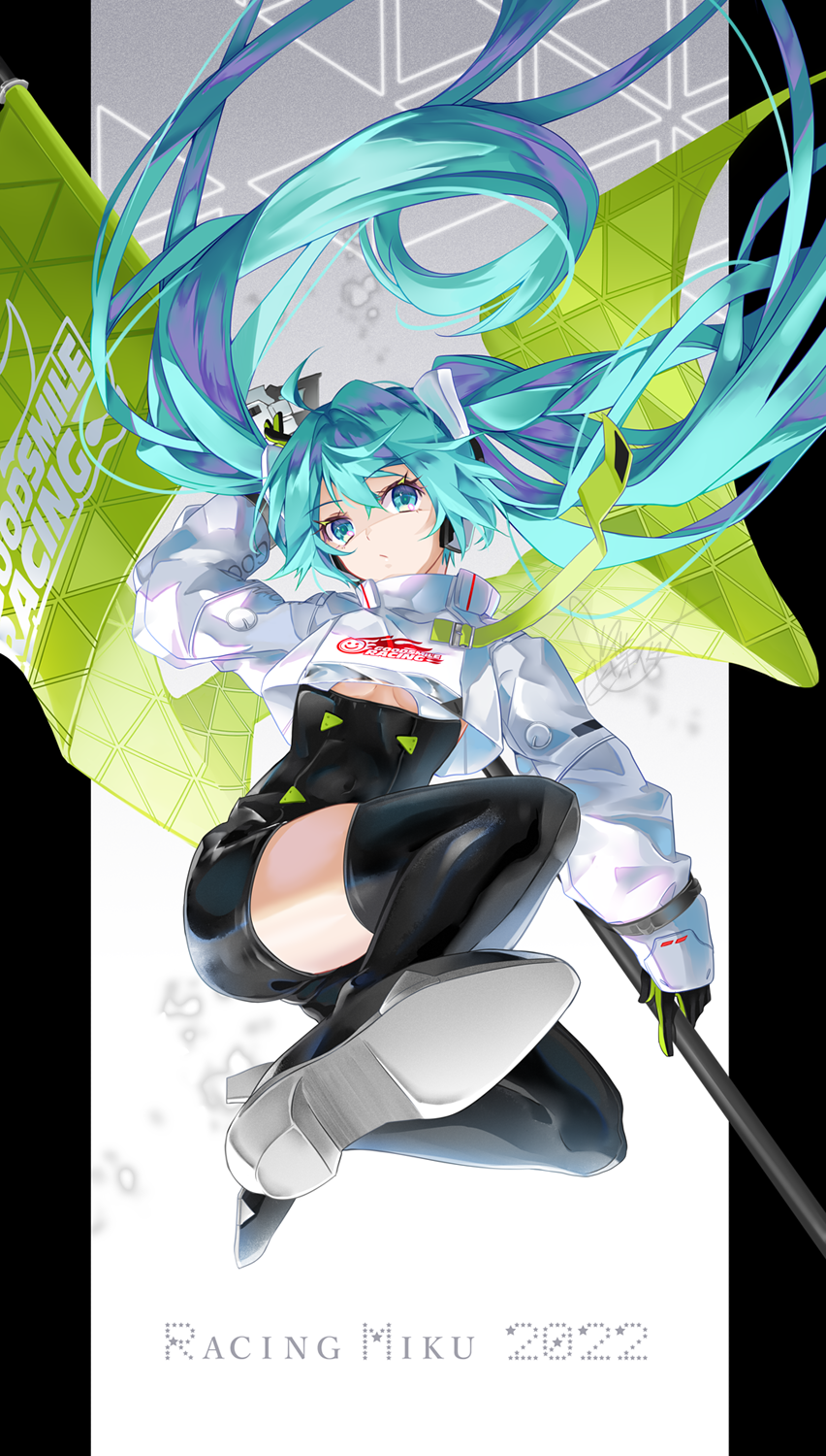 1girl black_footwear black_gloves black_jumpsuit blue_eyes blue_hair boots breasts floating_hair gloves green_gloves hair_between_eyes hatsune_miku highres jumpsuit long_hair looking_at_viewer racing_miku racing_miku_(2022) short_jumpsuit small_breasts solo thigh_boots twintails two-tone_gloves tyouya under_boob very_long_hair vocaloid
