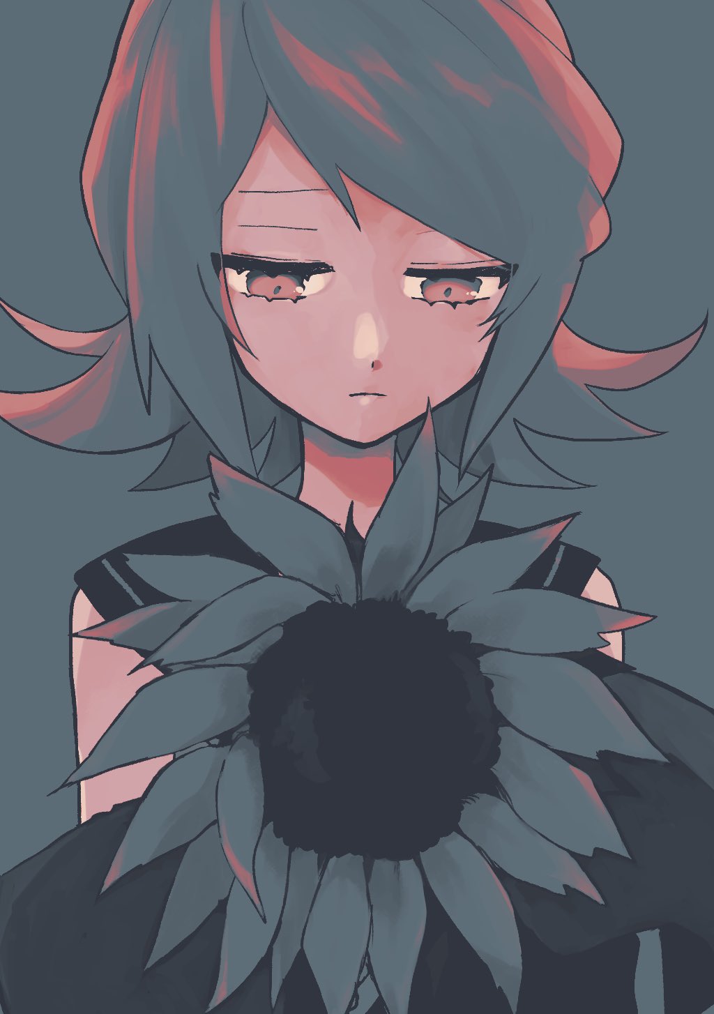 1girl closed_mouth downcast_eyes flower grey_background grey_theme half-closed_eyes highres kagamine_rin looking_at_object looking_down muted_color sailor_collar short_hair simple_background solo sunflower takamiya_yuu vocaloid