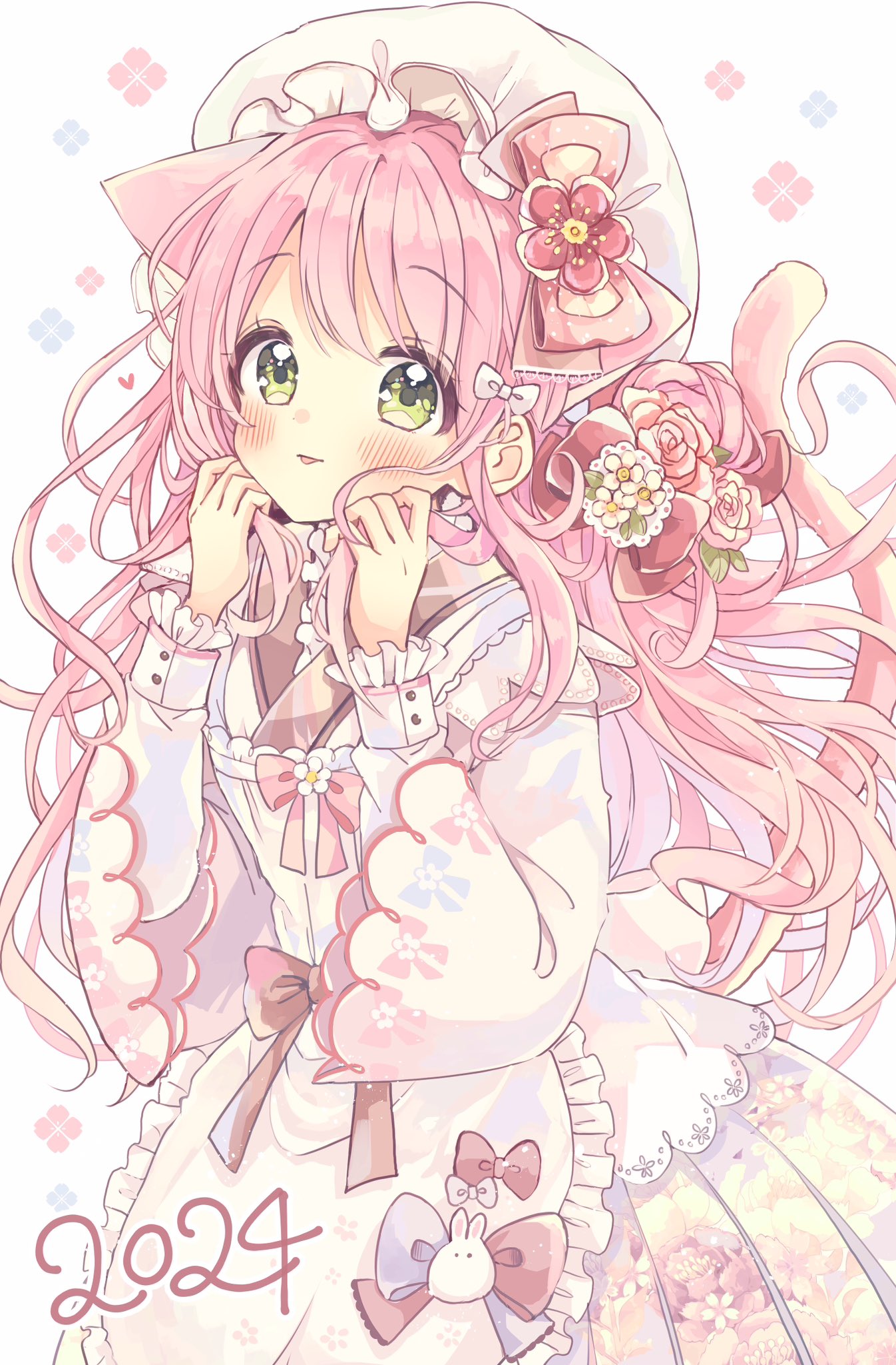 1girl animal_ears apron blush cat_ears cat_girl cat_tail closed_mouth commentary_request floral_print flower frilled_apron frills green_eyes hair_flower hair_ornament hands_up hat highres japanese_clothes kappougi kimono long_hair long_sleeves mob_cap original pink_hair pleated_skirt print_kimono puffy_long_sleeves puffy_sleeves red_flower red_rose rose sakura_oriko simple_background skirt solo tail tongue tongue_out very_long_hair white_apron white_background white_flower white_headwear white_kimono white_skirt wide_sleeves