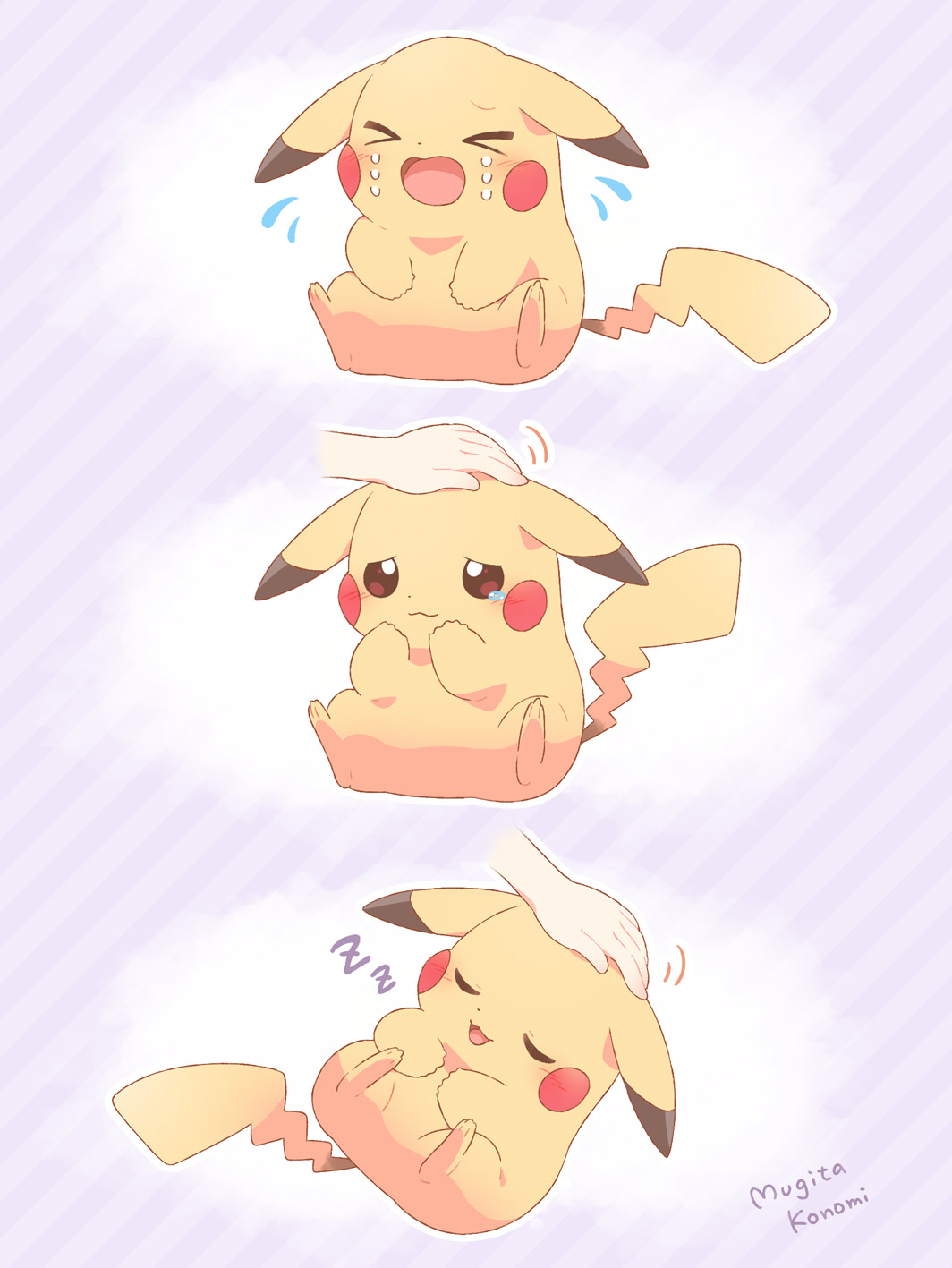 &gt;_&lt; 1other 3koma blush brown_eyes closed_eyes closed_mouth comic commentary_request crying headpat highres mugita_konomi open_mouth pikachu pokemon pokemon_(creature) signature sleeping smile tearing_up tears zzz