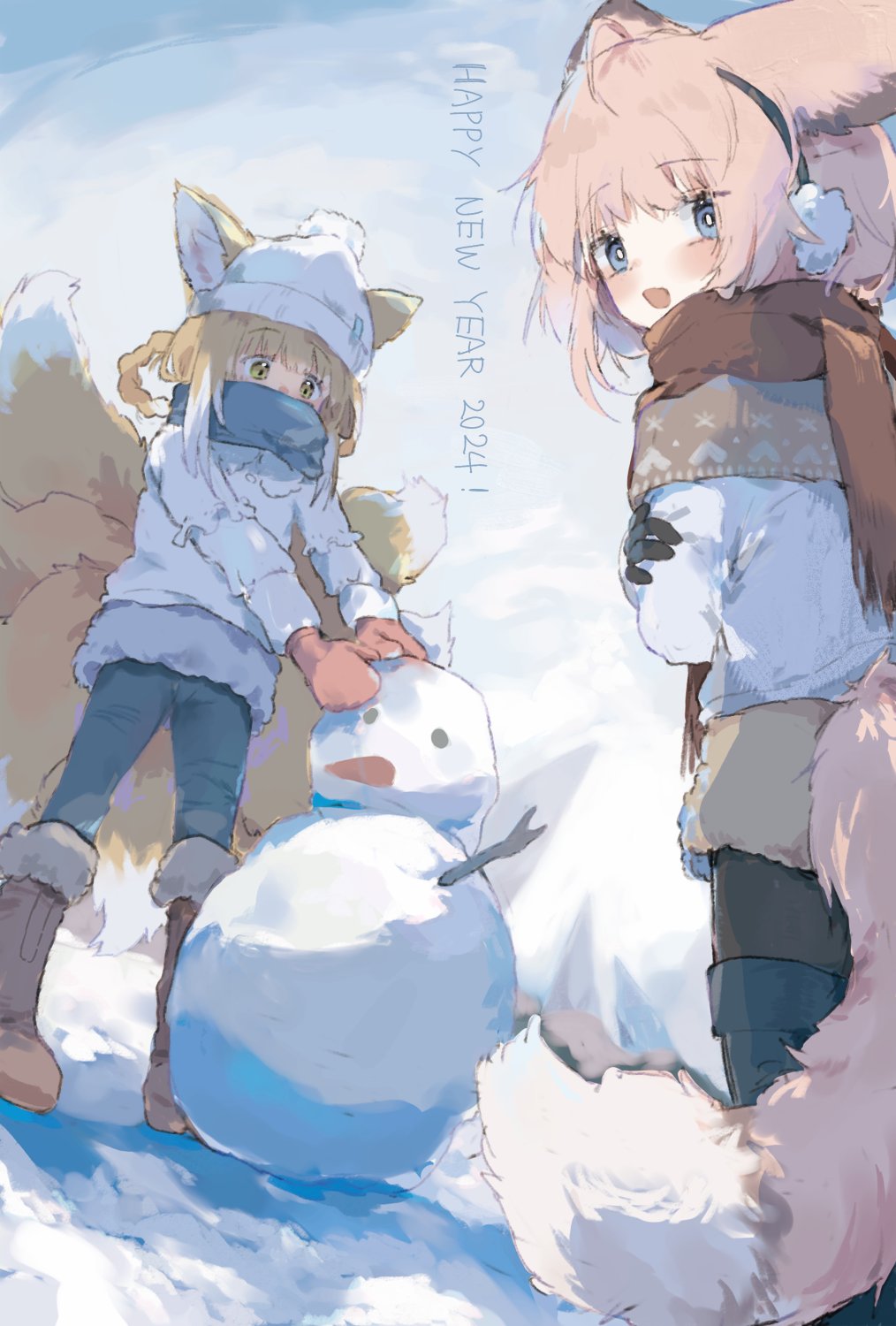 2girls alternate_costume animal_ears arknights black_gloves blonde_hair blue_eyes blue_pants blue_scarf blush boots braid braided_hair_rings brown_footwear colored_tips commentary_request earmuffs ears_through_headwear fox_ears fox_girl fox_tail fur-trimmed_boots fur_trim gloves green_eyes hair_rings happy_new_year highres kitsune kyuubi long_sleeves multicolored_hair multiple_girls multiple_tails open_mouth outdoors pants pink_hair pom_pom_(clothes) red_gloves red_scarf scarf scarf_over_mouth short_hair snowman sussurro_(arknights) suzuran_(arknights) sweater tail twin_braids two-tone_hair unitedunti white_hair white_headwear white_sweater