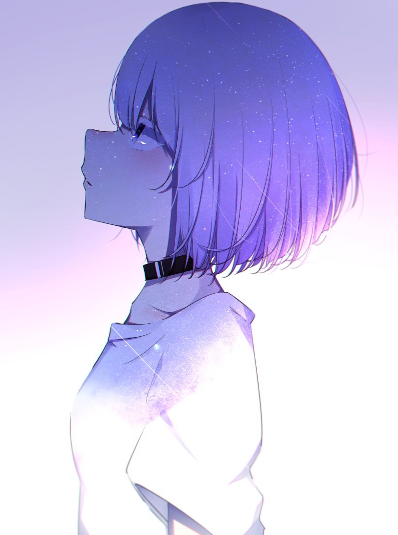 bob_cut choker expressionless from_side gender_request grey_hair ichiki_1 looking_up multicolored_hair original profile shirt short_hair short_sleeves sky solo star_(sky) starry_sky t-shirt two-tone_hair violet_eyes white_hair white_shirt white_theme