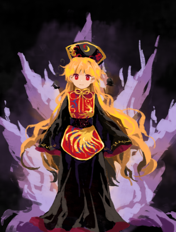 1girl black_dress black_headwear blonde_hair bright_pupils closed_mouth commentary_request dress fire flat_chest full_body junko_(touhou) kaigen_1025 long_dress long_hair long_sleeves looking_at_viewer phoenix_crown purple_fire red_eyes red_tabard sleeves_past_fingers sleeves_past_wrists smile solo tabard touhou white_pupils