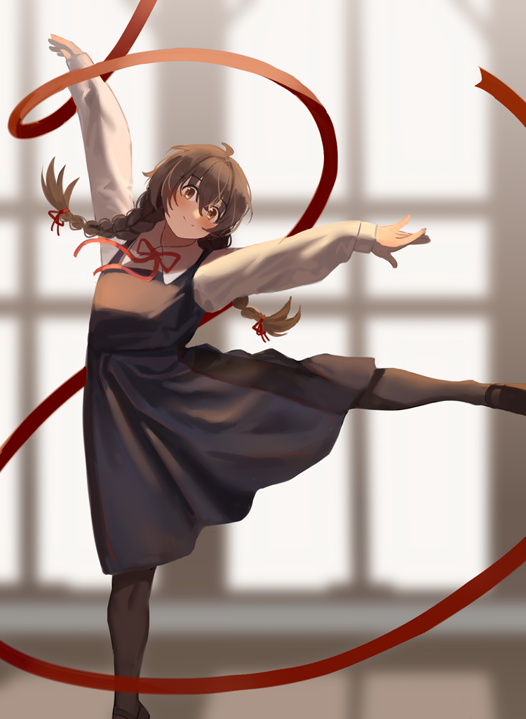 1girl balleriko_(vocaloid) black_pantyhose blue_dress blurry blurry_background blush braid brown_eyes brown_hair closed_mouth collared_shirt commentary dress hair_between_eyes hair_ribbon long_hair long_sleeves looking_at_viewer milktea_(gggrrr2000) neck_ribbon original outstretched_arms pantyhose pinafore_dress red_ribbon ribbon school_uniform shirt sleeveless sleeveless_dress solo standing standing_on_one_leg twin_braids white_shirt