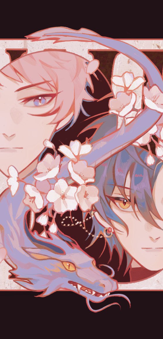 2boys black_hair closed_mouth ensemble_stars! expressionless facing_viewer flower itsuki_shu kagehira_mika looking_at_another looking_to_the_side male_focus multicolored_background multiple_boys pink_hair red_background renranbulan valkyrie_(ensemble_stars!) violet_eyes white_background white_flower yellow_eyes