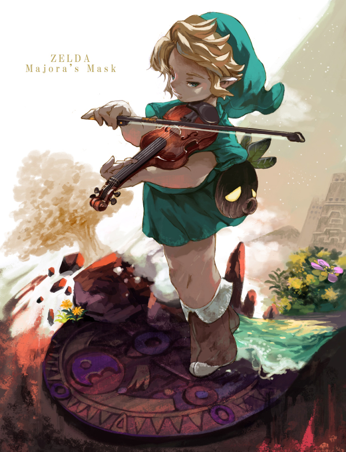 1boy blonde_hair blue_eyes brown_footwear copyright_name flower full_body green_headwear green_tunic holding holding_bow_(music) holding_instrument holding_violin instrument link looking_to_the_side male_focus mask minato_(minat0) purple_flower short_hair solo the_legend_of_zelda the_legend_of_zelda:_majora's_mask tree violin water yellow_flower young_link