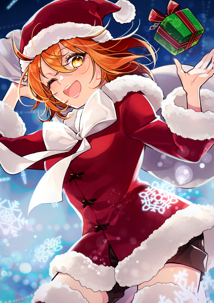 1girl ;d black_shorts boots box coat cowboy_shot fate/grand_order fate_(series) floating_hair fujimaru_ritsuka_(female) fujimaru_ritsuka_(female)_(white_christmas) fur-trimmed_boots fur-trimmed_coat fur-trimmed_headwear fur-trimmed_sleeves fur_trim gift gift_box hat ichino_tomizuki long_hair long_sleeves looking_at_viewer one_eye_closed orange_hair red_coat red_footwear red_headwear santa_hat short_shorts shorts smile solo thigh_boots yellow_eyes zettai_ryouiki