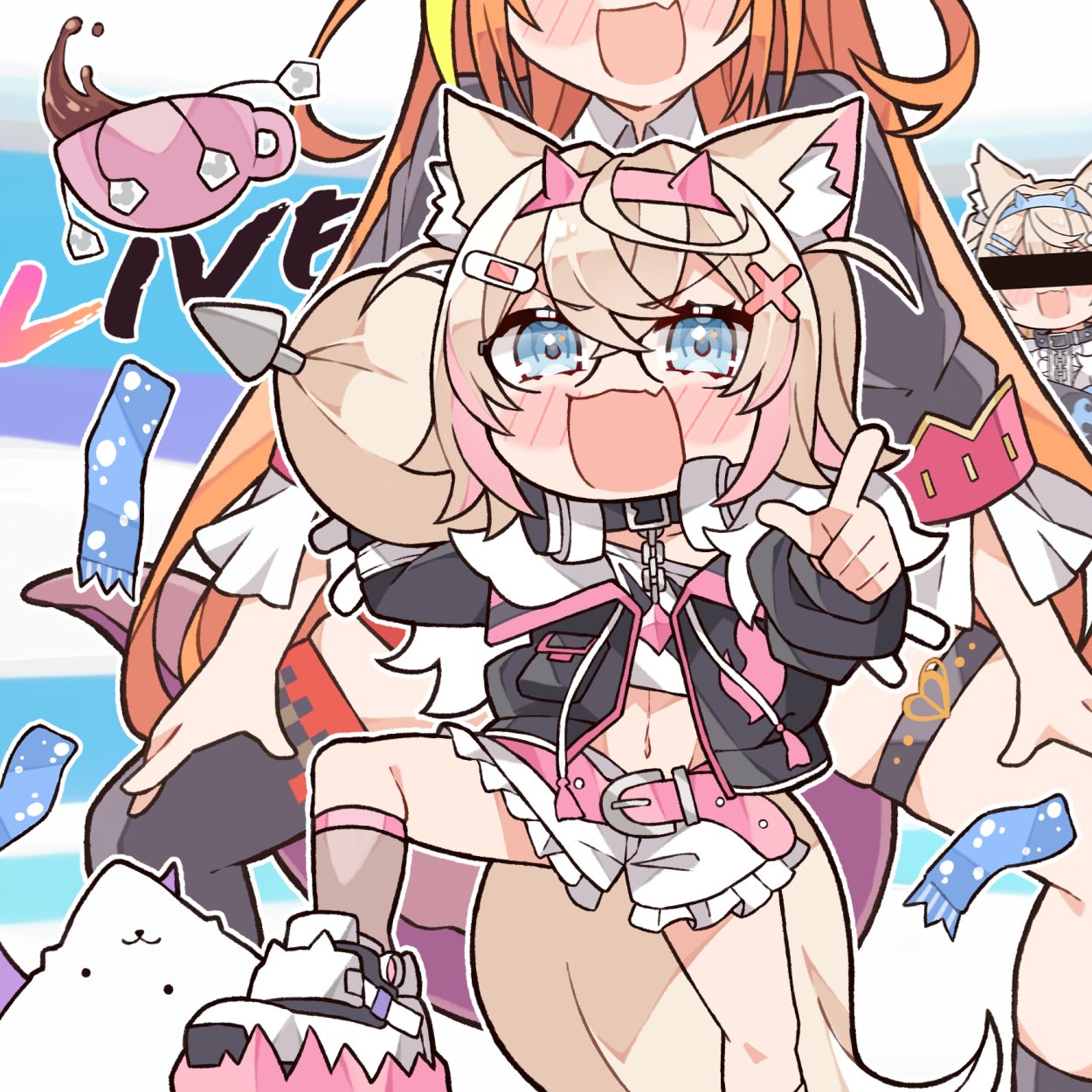 3girls animal_ear_fluff animal_ears bandaid bandaid_hair_ornament bar_censor belt black_jacket black_thighhighs blonde_hair blue_eyes blush censored commentary cropped_jacket cropped_shirt dog_ears dog_girl dog_tail dragon_girl dragon_tail english_commentary fangs fishnet_socks fishnets frilled_shorts frills fur-trimmed_jacket fur_trim fuwawa_abyssgard fuwawa_abyssgard_(1st_costume) hair_ornament hameru-type_asacoco highres hololive jacket kiryu_coco kiryu_coco_(1st_costume) kukie-nyan looking_at_viewer mococo_abyssgard mococo_abyssgard_(1st_costume) multicolored_hair multiple_girls orange_hair pink_belt pink_hair pointing pointing_at_viewer shirt shoes short_shorts shorts siblings sisters skin_fang socks streaked_hair tail thigh-highs thigh_strap twins virtual_youtuber white_footwear white_shirt x_hair_ornament