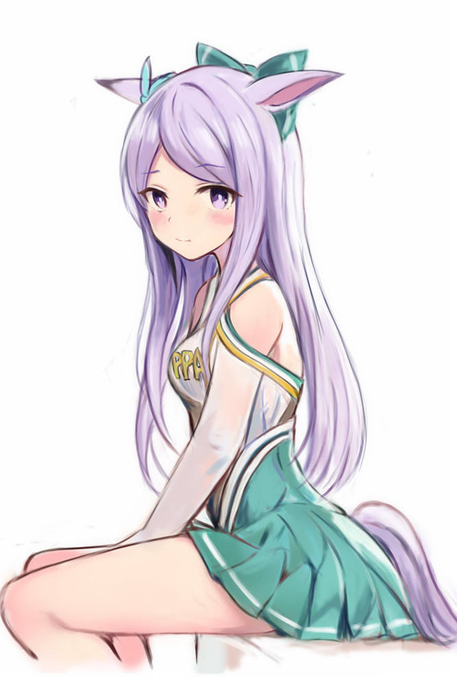 1girl bare_arms between_legs blush closed_mouth cropped_legs from_side green_skirt hand_between_legs horse_girl horse_tail long_hair looking_at_viewer mejiro_mcqueen_(umamusume) miniskirt nannacy7 parted_bangs pleated_skirt print_shirt purple_hair shirt simple_background sketch skirt sleeveless sleeveless_shirt smile solo tail umamusume very_long_hair violet_eyes white_background white_shirt