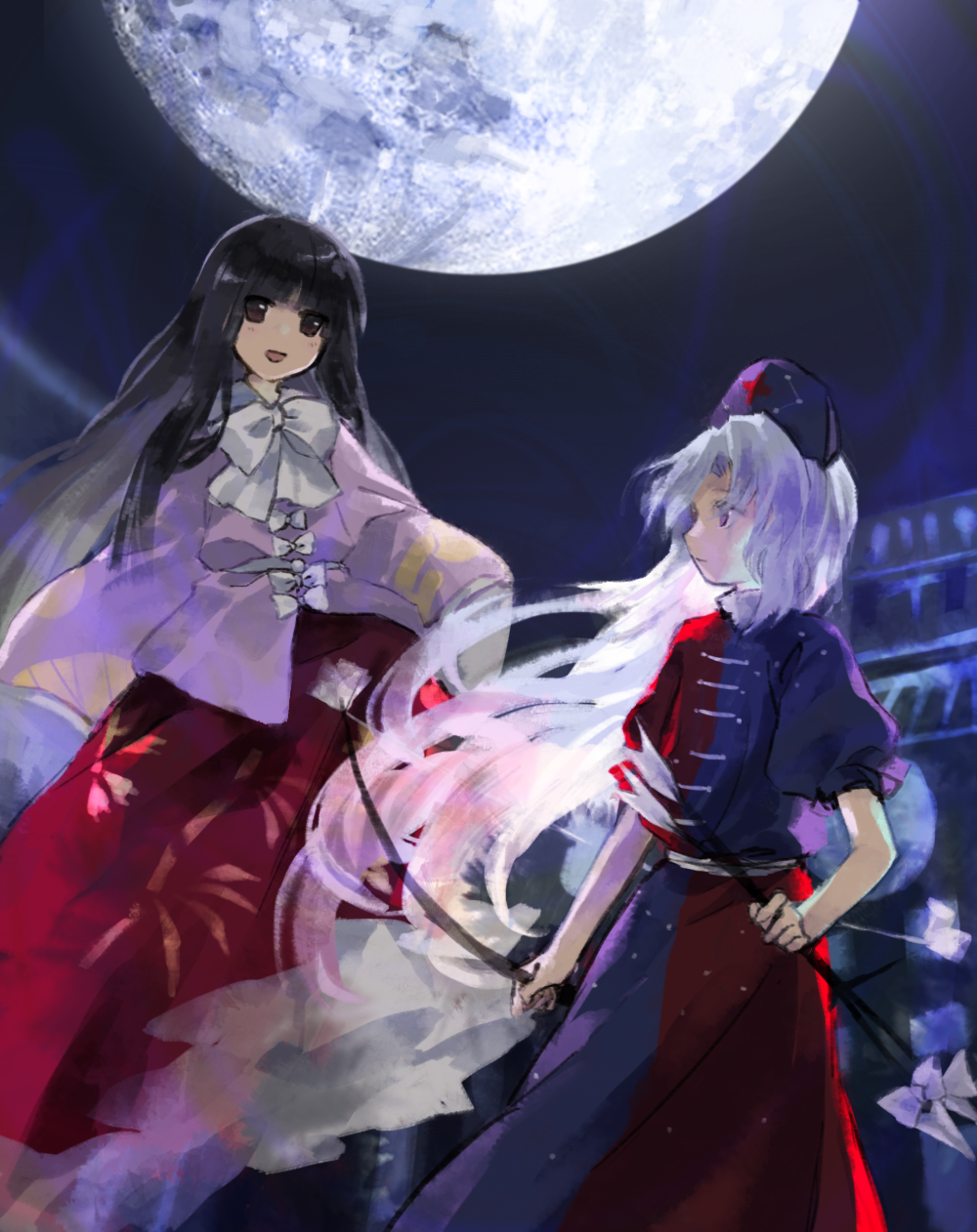 2girls arrow_(projectile) black_eyes black_hair blue_headwear blunt_bangs bow bow_(weapon) closed_mouth collared_shirt commentary_request dress flat_chest full_moon hat highres hime_cut holding holding_arrow holding_bow_(weapon) holding_weapon houraisan_kaguya kaigen_1025 long_hair long_sleeves moon multicolored_clothes multicolored_dress multiple_girls neck_ribbon night open_mouth outdoors pink_shirt puffy_short_sleeves puffy_sleeves red_skirt ribbon shirt shirt_bow short_sleeves skirt sleeves_past_fingers sleeves_past_wrists smile touhou violet_eyes weapon white_bow white_hair yagokoro_eirin